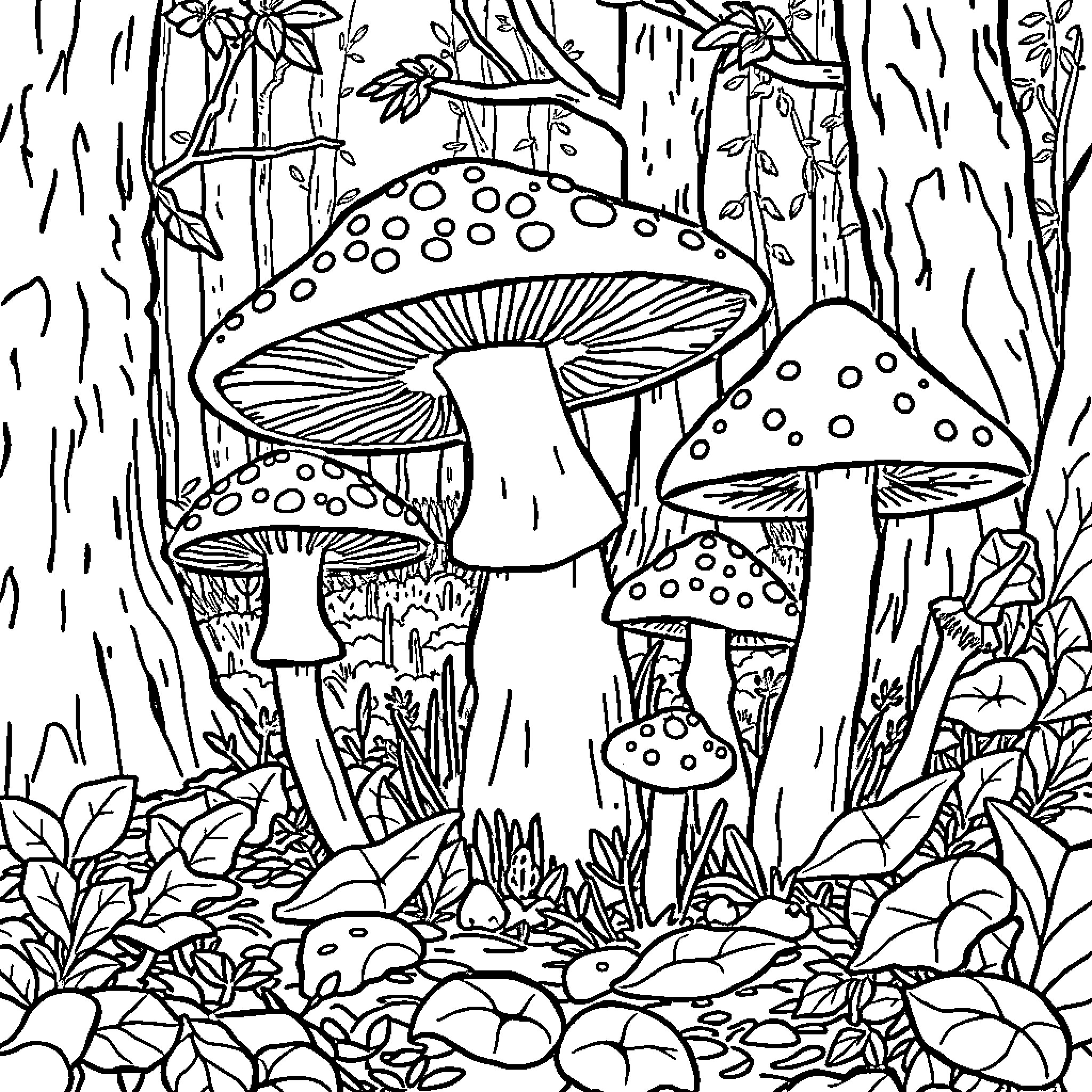 Fungi flourishing in the enchanting forest Coloring Page (free black-and-white line drawing printable PDF for all, from beginners to advanced learners, including children, teens, adults, and seniors)