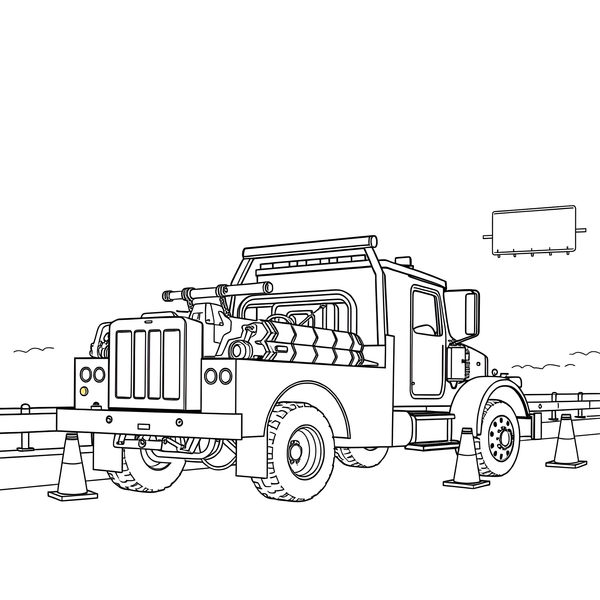 Tow Truck Transporting Construction Vehicles on the Road Coloring Page (free black-and-white line drawing printable PDF for all, from beginners to advanced learners, including children, teens, adults, and seniors)