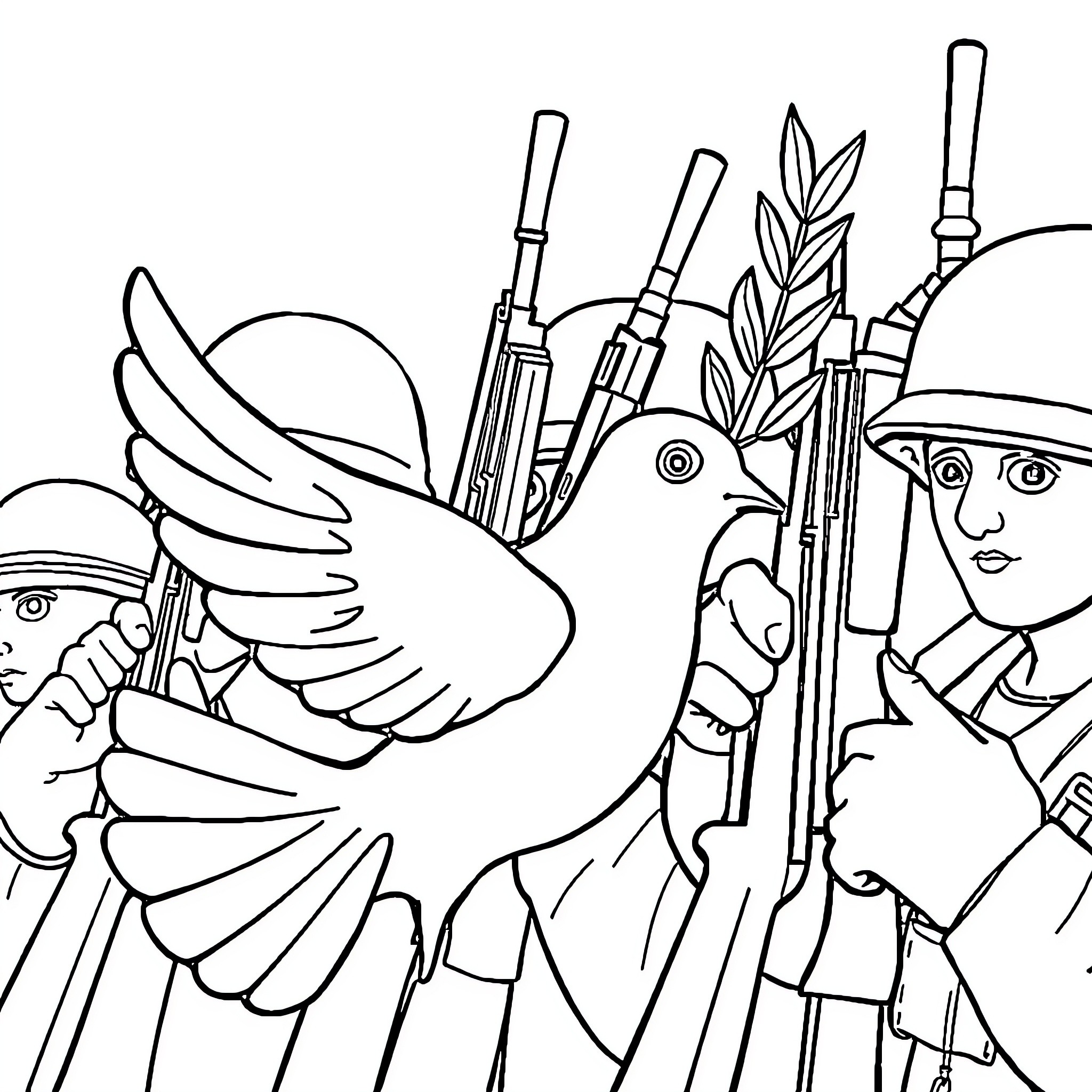Dove soaring among symbols of peace and justice Coloring Page (free black-and-white line drawing printable PDF for all, from beginners to advanced learners, including children, teens, adults, and seniors)