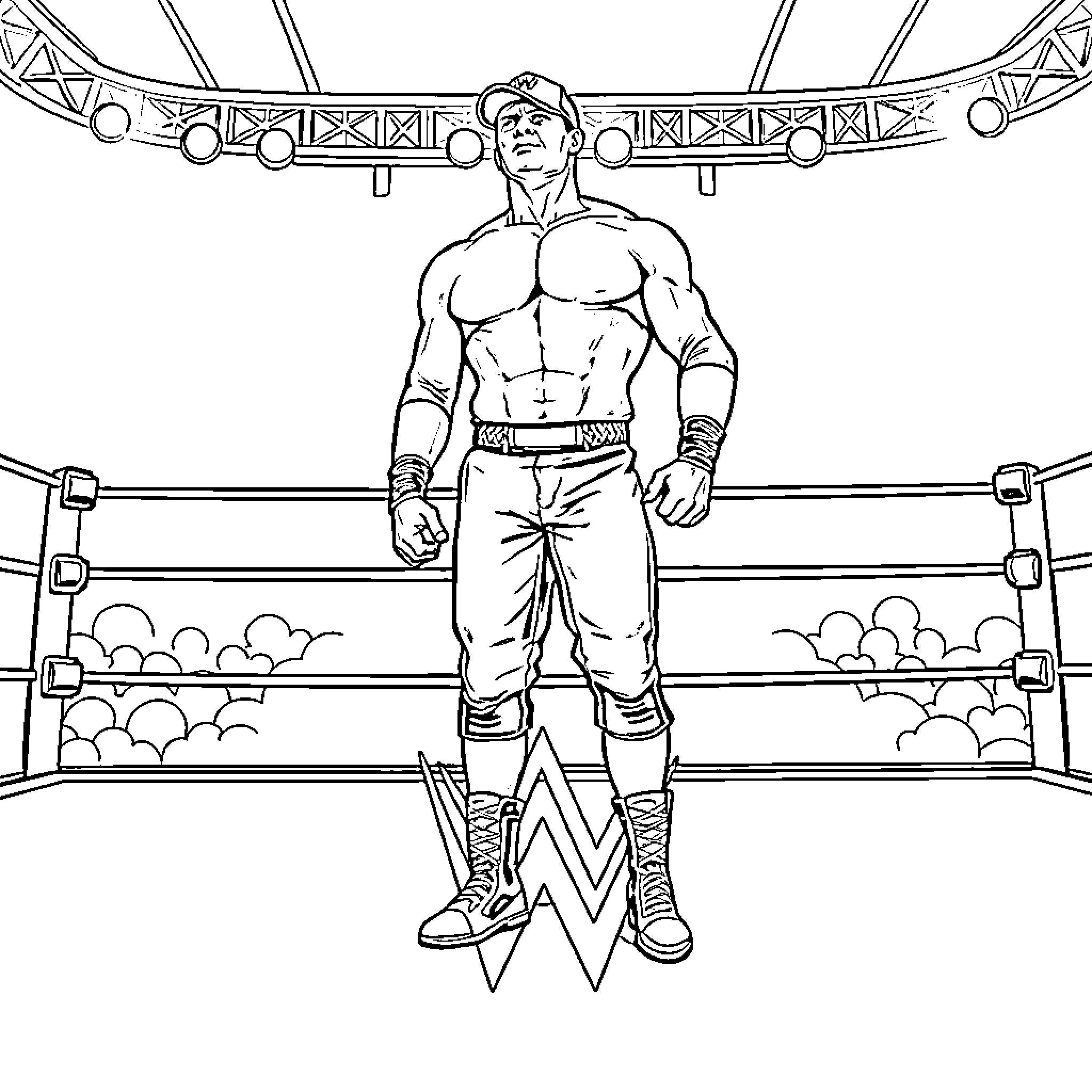 John Cena Stands Triumphant in Wrestling Ring Coloring Page (free black-and-white line drawing printable PDF for all, from beginners to advanced learners, including children, teens, adults, and seniors)