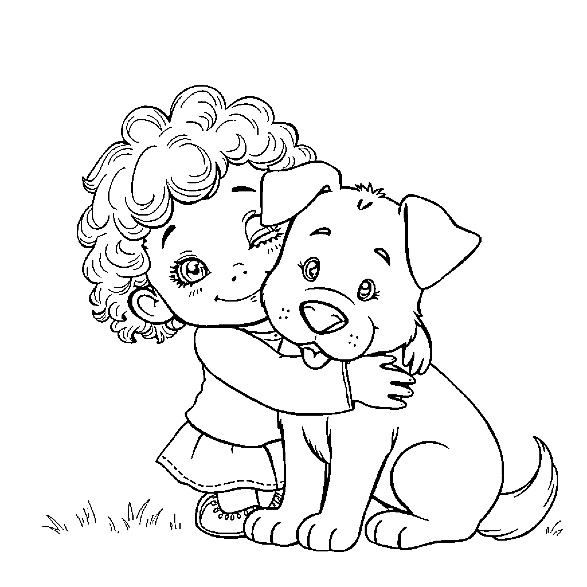 Dog and Girl Sharing a Hug Coloring Page (free black-and-white line drawing printable PDF for all, from beginners to advanced learners, including children, teens, adults, and seniors)