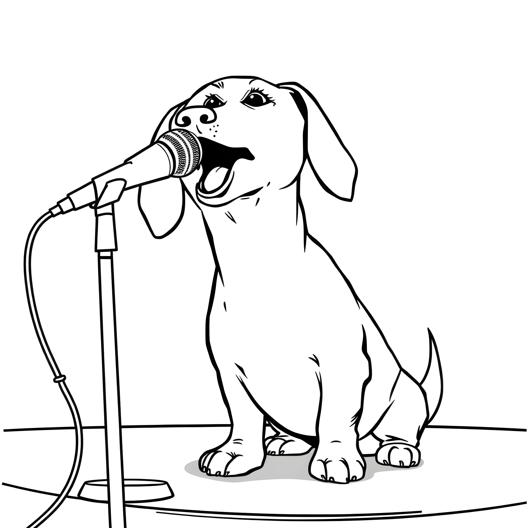 Dachshund singing into microphone Coloring Page (free black-and-white line drawing printable PDF for all, from beginners to advanced learners, including children, teens, adults, and seniors)