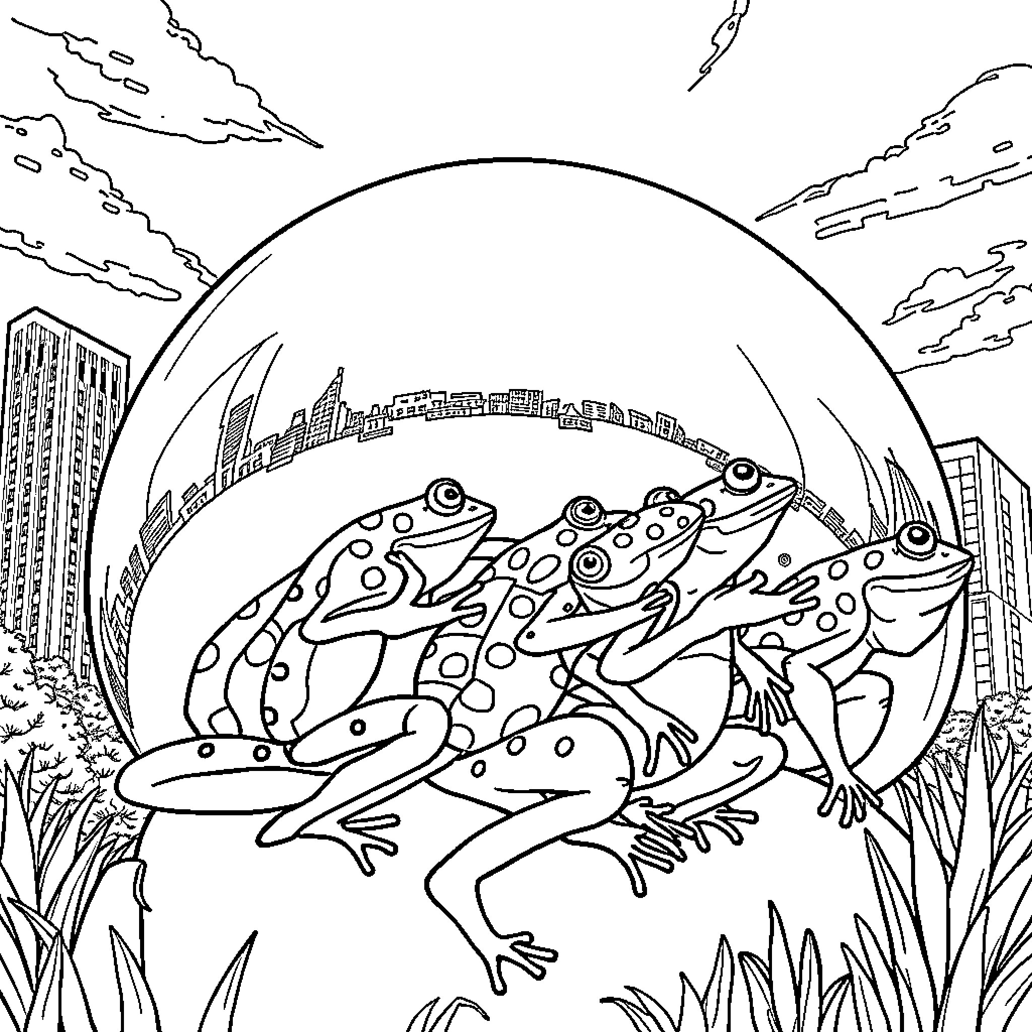 Frogs hopping in the city skyline Coloring Page (free black-and-white line drawing printable PDF for all, from beginners to advanced learners, including children, teens, adults, and seniors)