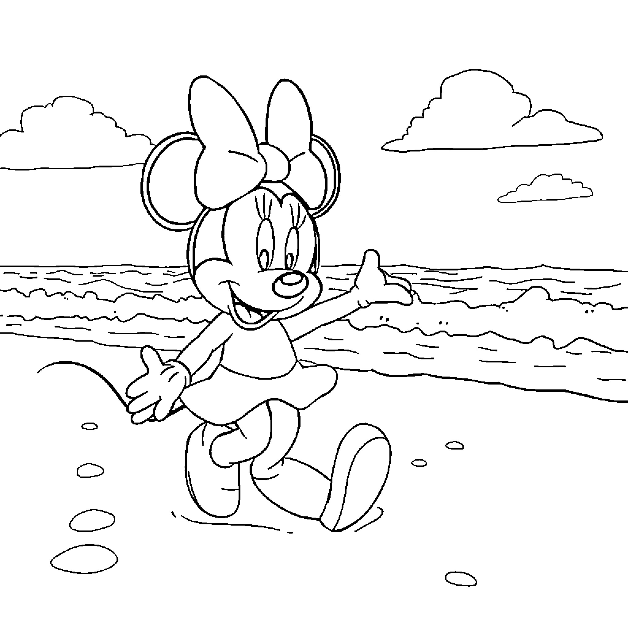Minnie Mouse enjoying a sunny day at the beach Coloring Page (free black-and-white line drawing printable PDF for all, from beginners to advanced learners, including children, teens, adults, and seniors)
