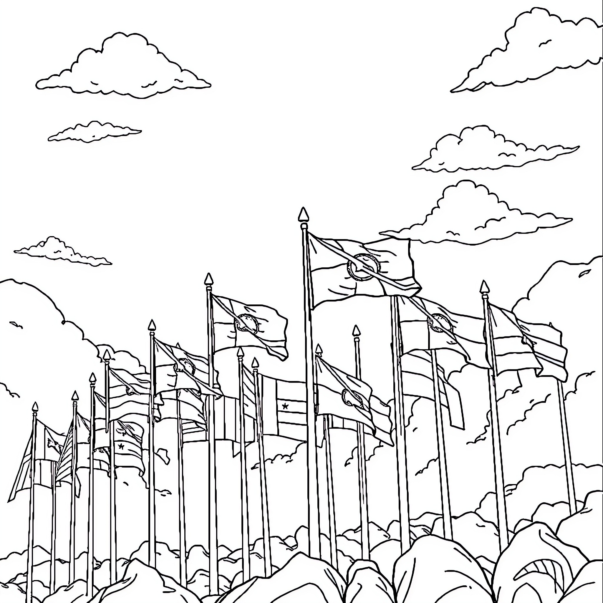 World War II Flag Display with Patriotic Symbols Coloring Page (free black-and-white line drawing printable PDF for all, from beginners to advanced learners, including children, teens, adults, and seniors)