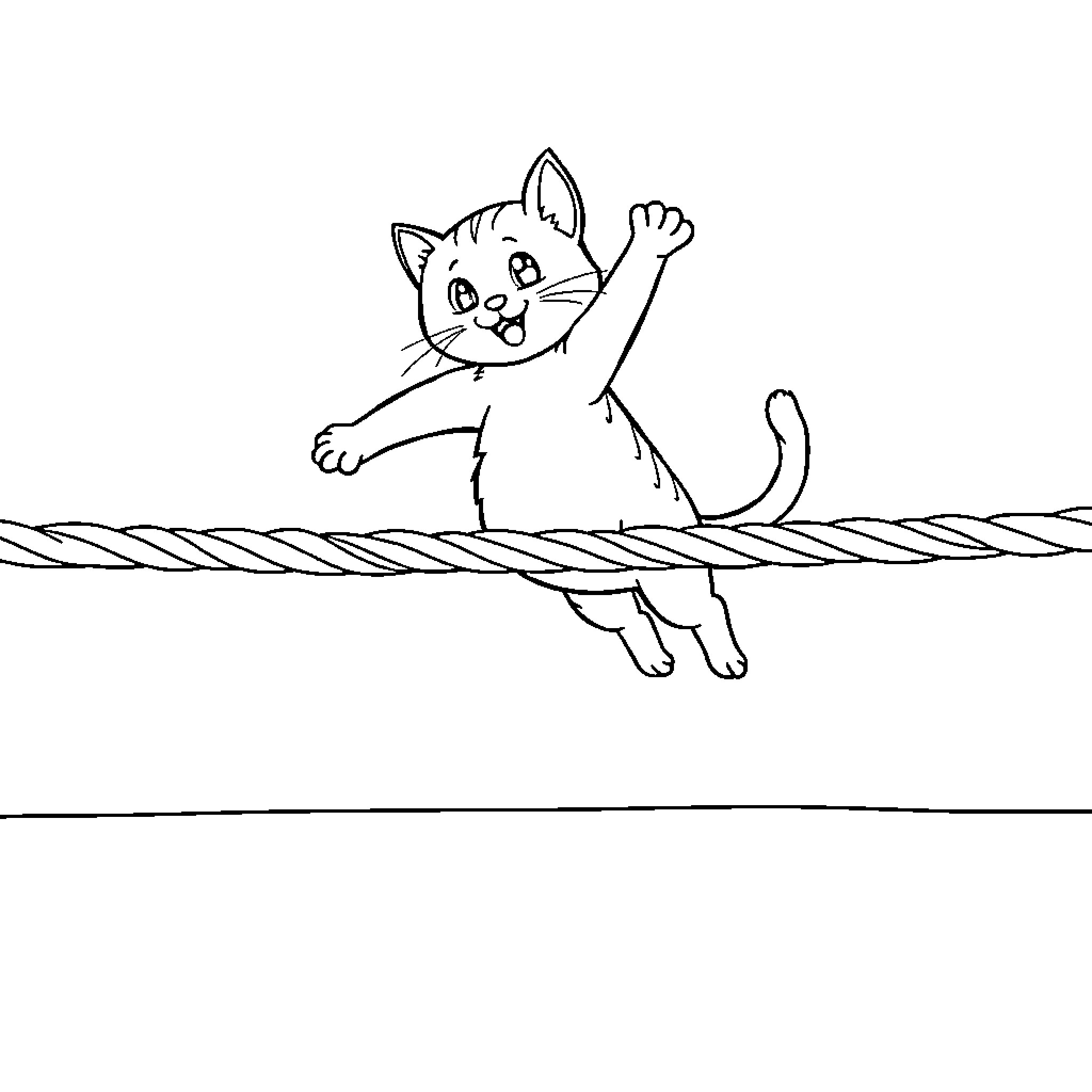 Cat balancing on a rope Coloring Page (free black-and-white line drawing printable PDF for all, from beginners to advanced learners, including children, teens, adults, and seniors)