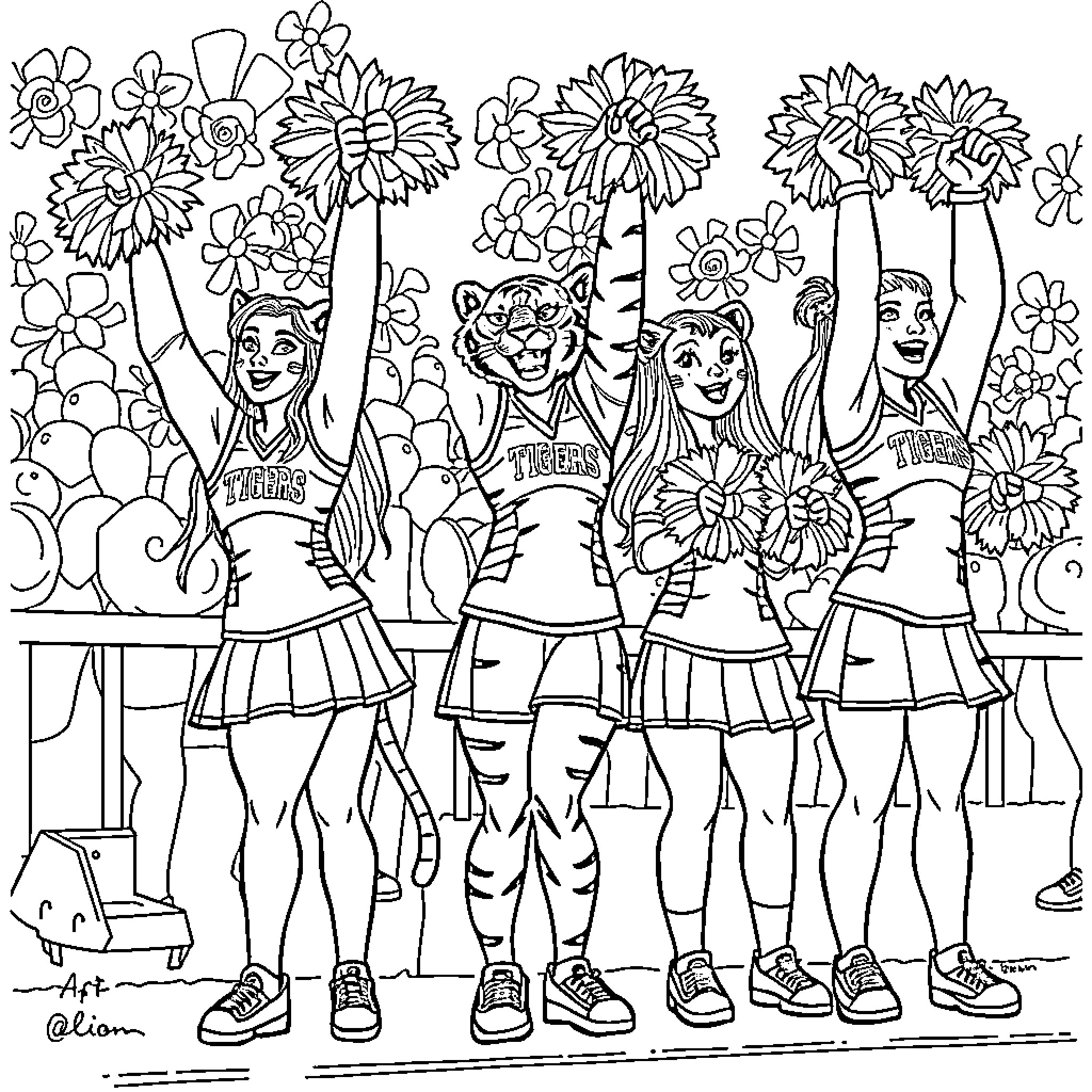 Tiger Cheerleaders Celebrating with Flowers Coloring Page (free black-and-white line drawing printable PDF for all, from beginners to advanced learners, including children, teens, adults, and seniors)