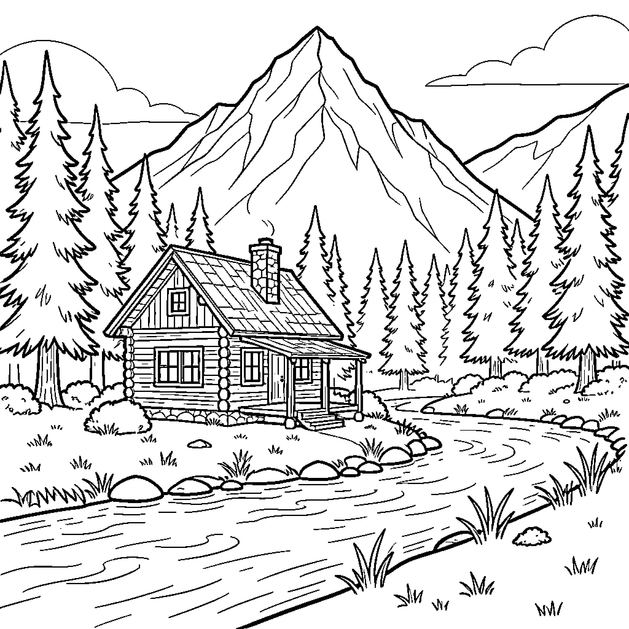Cabin nestled among pine trees near a mountain stream Coloring Page (free black-and-white line drawing printable PDF for all, from beginners to advanced learners, including children, teens, adults, and seniors)