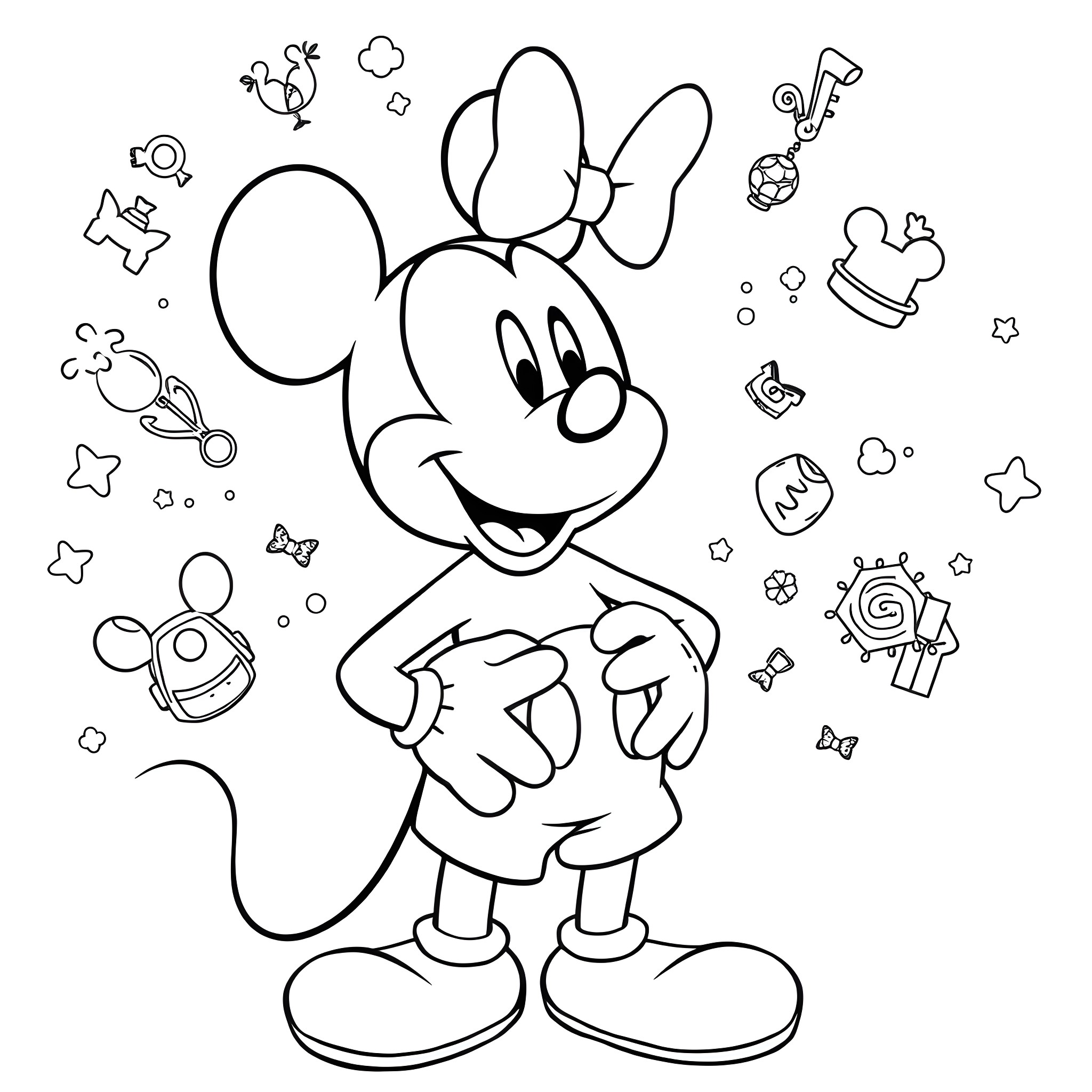 Mickey Mouse playing and surrounded by various items Coloring Page (free black-and-white line drawing printable PDF for all, from beginners to advanced learners, including children, teens, adults, and seniors)