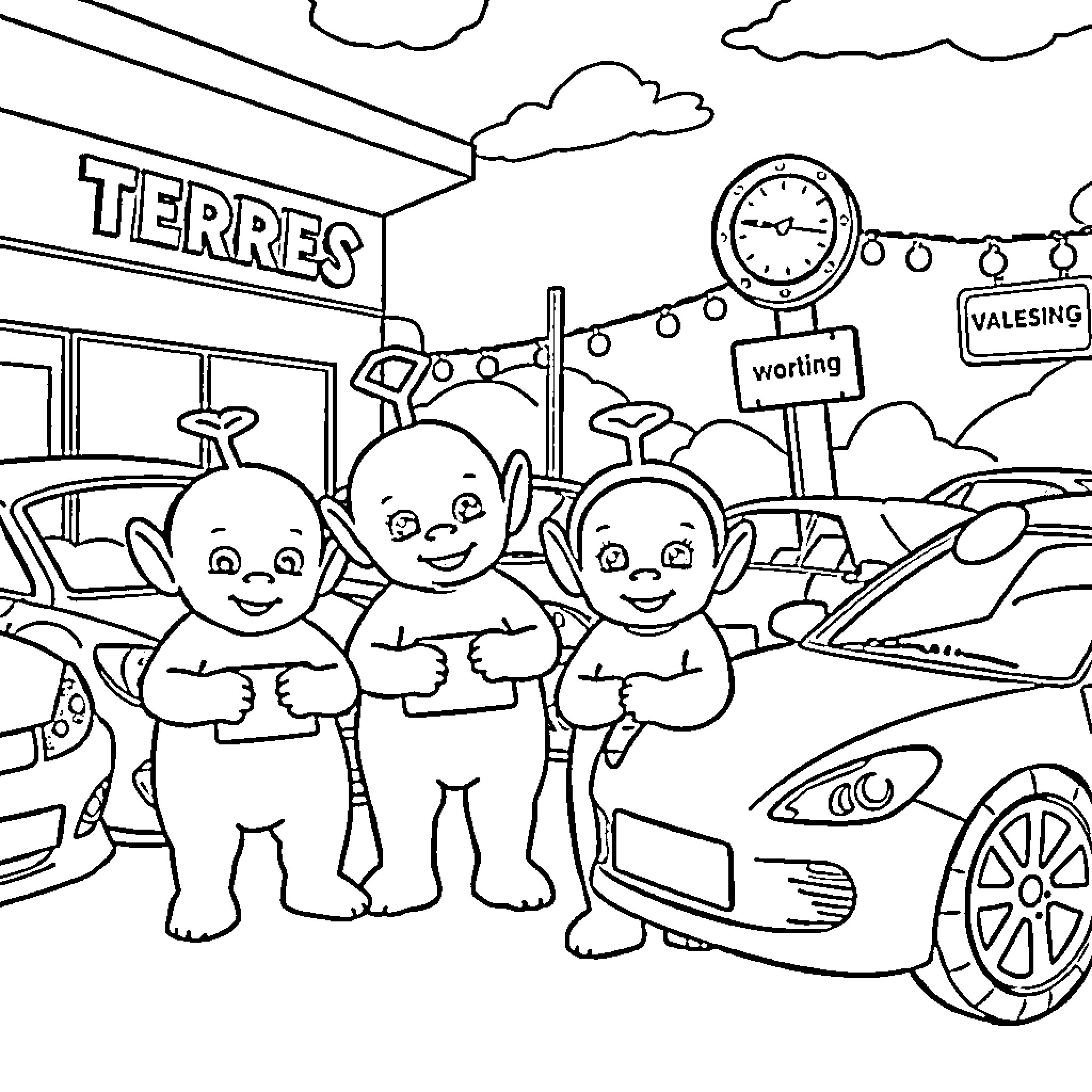 Teletubby characters in a transportation-themed scene Coloring Page (free black-and-white line drawing printable PDF for all, from beginners to advanced learners, including children, teens, adults, and seniors)