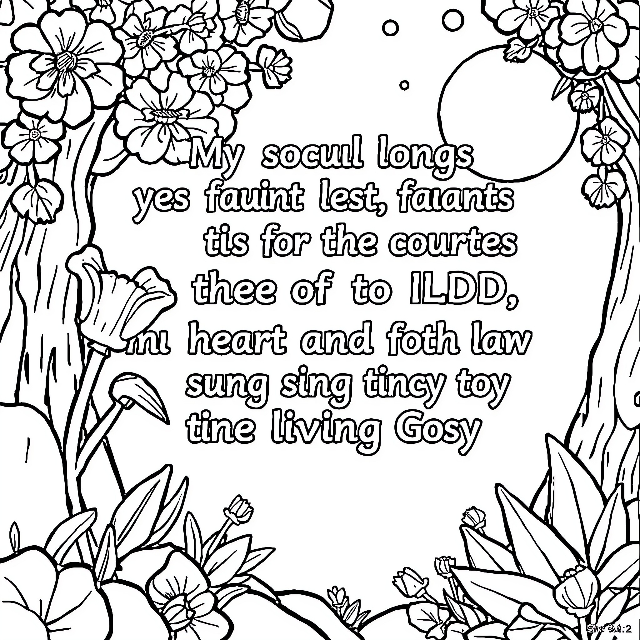 Bible Verse with Floral Frame Coloring Page (free black-and-white line drawing printable PDF for all, from beginners to advanced learners, including children, teens, adults, and seniors)