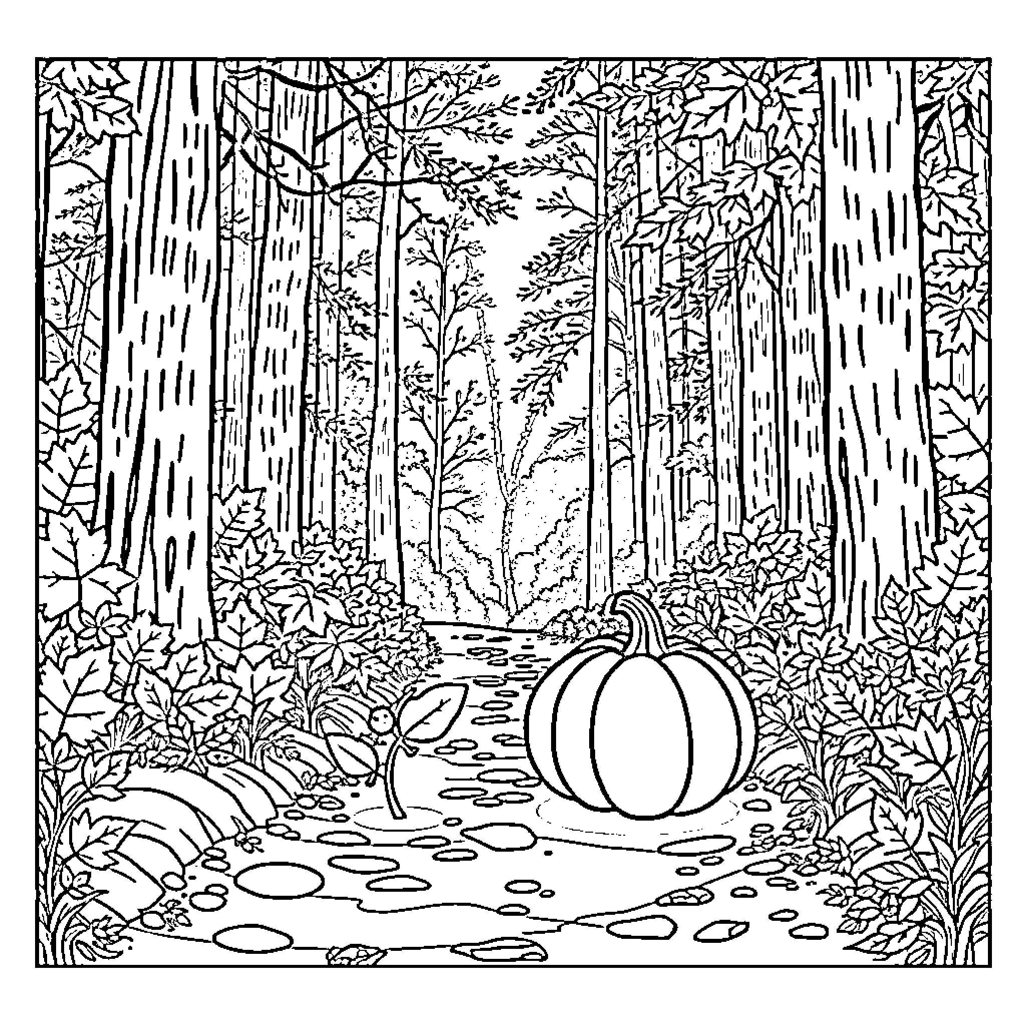 Leaf Landscape with Pumpkin in the Forest Coloring Page (free black-and-white line drawing printable PDF for all, from beginners to advanced learners, including children, teens, adults, and seniors)