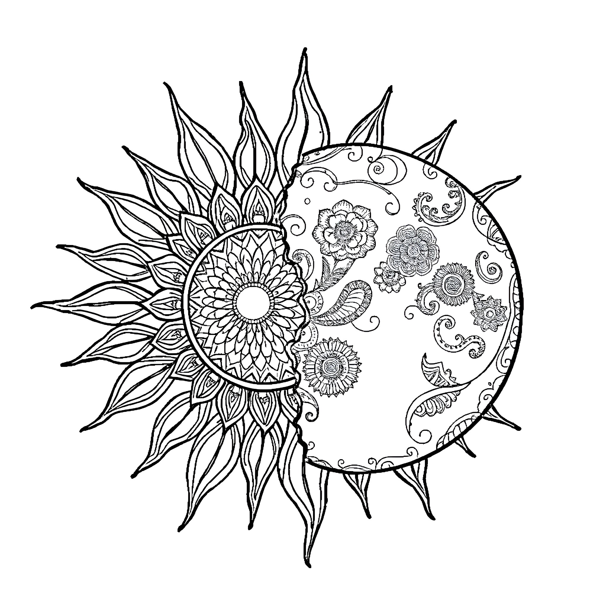 Sun and Moon adorned with intricate patterns Coloring Page (free black-and-white line drawing printable PDF for all, from beginners to advanced learners, including children, teens, adults, and seniors)