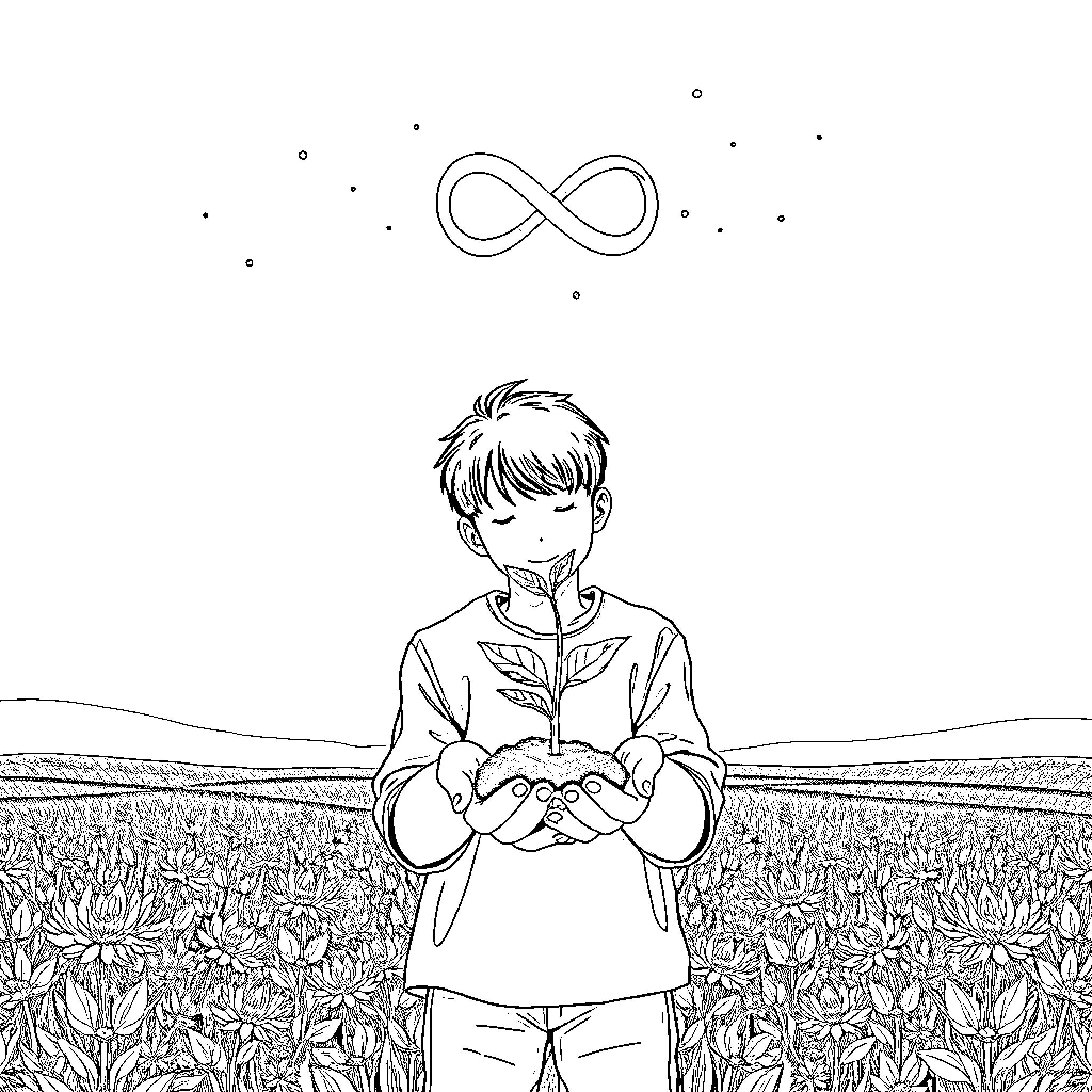 Student Holding a Blossoming Plant in a Meadow Coloring Page (free black-and-white line drawing printable PDF for all, from beginners to advanced learners, including children, teens, adults, and seniors)