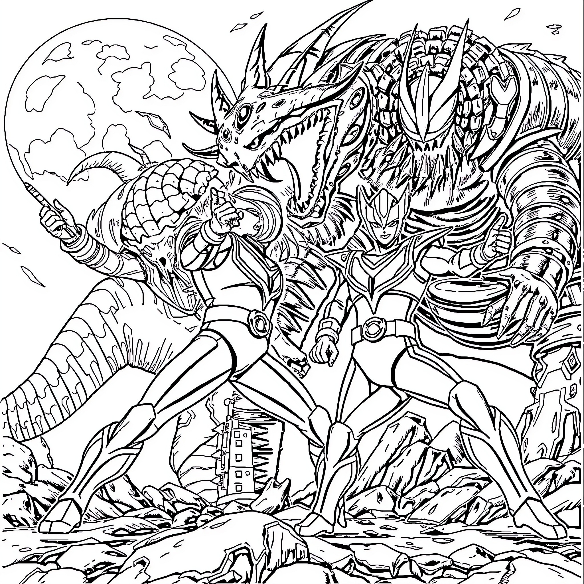 Ultramen battle a fierce alien monster Coloring Page (free black-and-white line drawing printable PDF for all, from beginners to advanced learners, including children, teens, adults, and seniors)