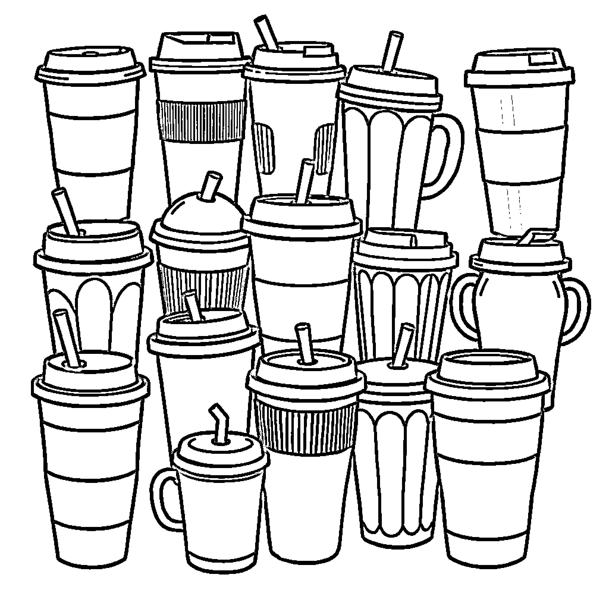 Cup Collection of Drinks and Mugs Coloring Page (free black-and-white line drawing printable PDF for all, from beginners to advanced learners, including children, teens, adults, and seniors)