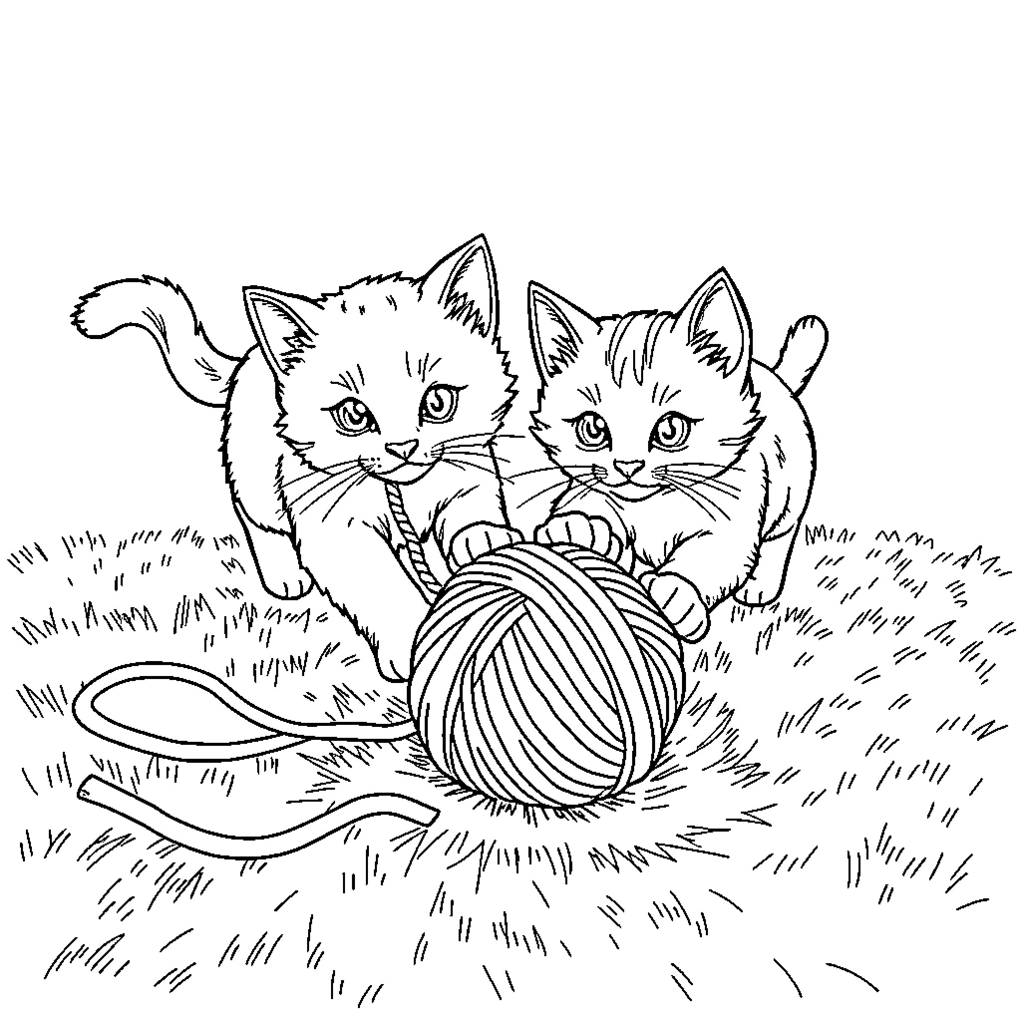 Cat kittens playing with yarn in the grass Coloring Page (free black-and-white line drawing printable PDF for all, from beginners to advanced learners, including children, teens, adults, and seniors)