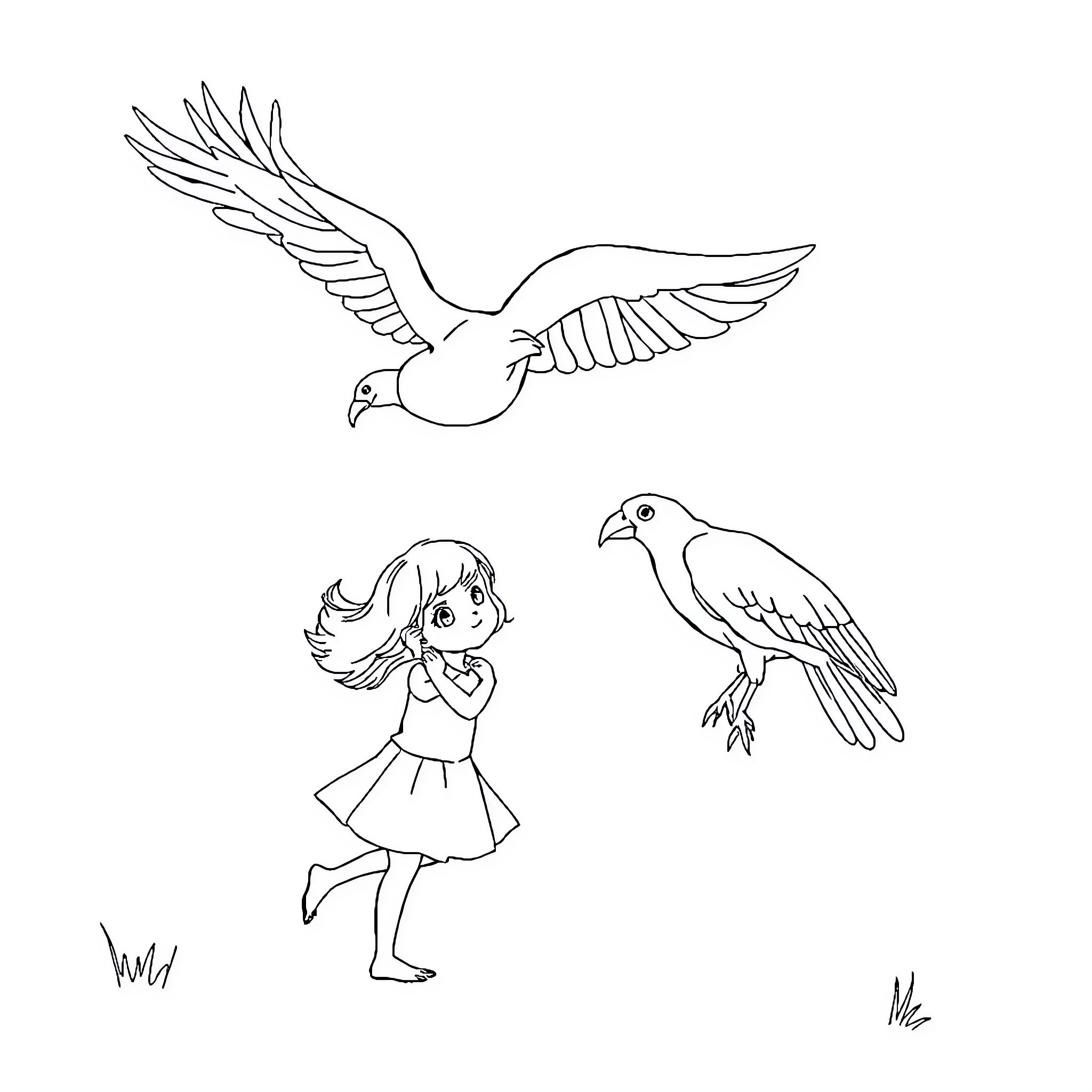 Fille playing with birds in the field Coloring Page (free black-and-white line drawing printable PDF for all, from beginners to advanced learners, including children, teens, adults, and seniors)