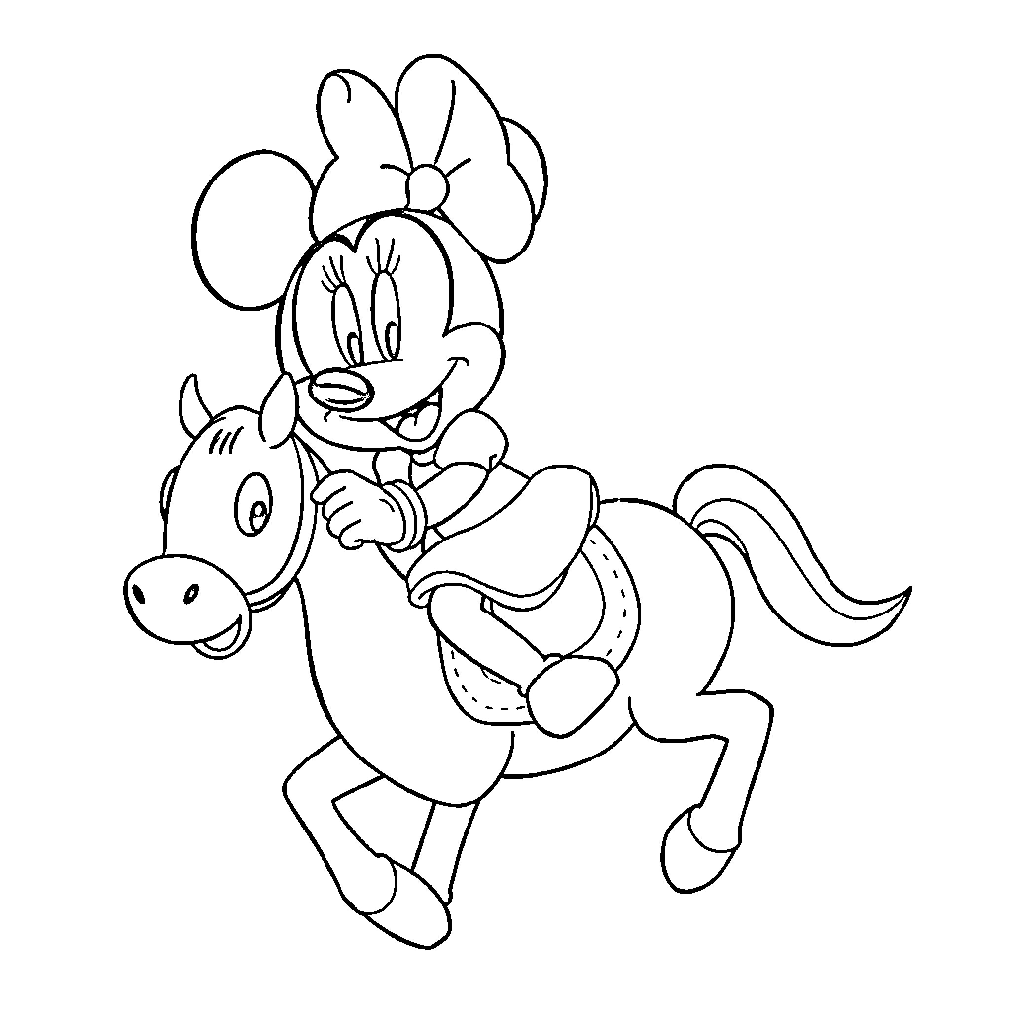 Minnie Mouse riding a pony happily Coloring Page (free black-and-white line drawing printable PDF for all, from beginners to advanced learners, including children, teens, adults, and seniors)