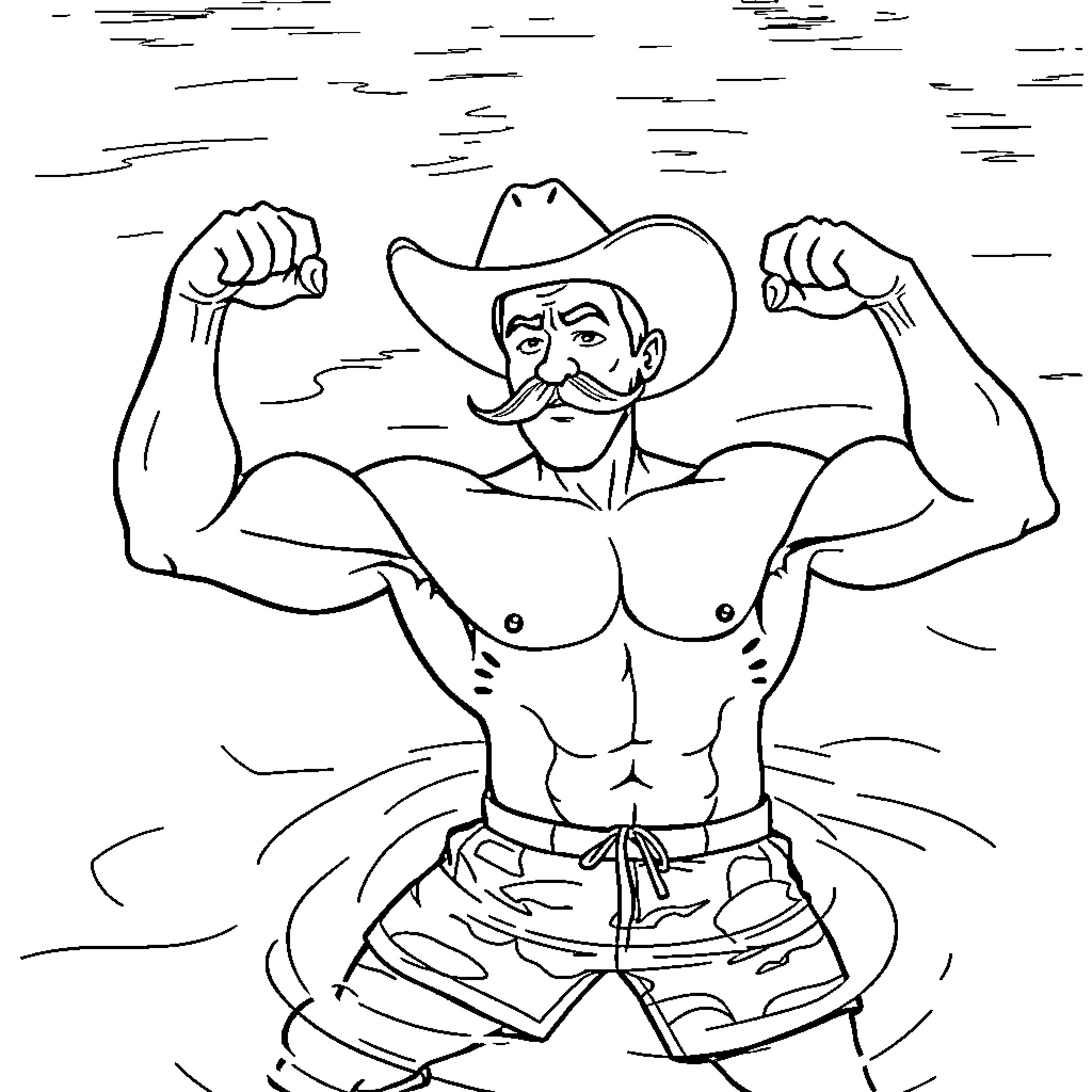Dad displays strong muscles and cowboy attitude Coloring Page (free black-and-white line drawing printable PDF for all, from beginners to advanced learners, including children, teens, adults, and seniors)