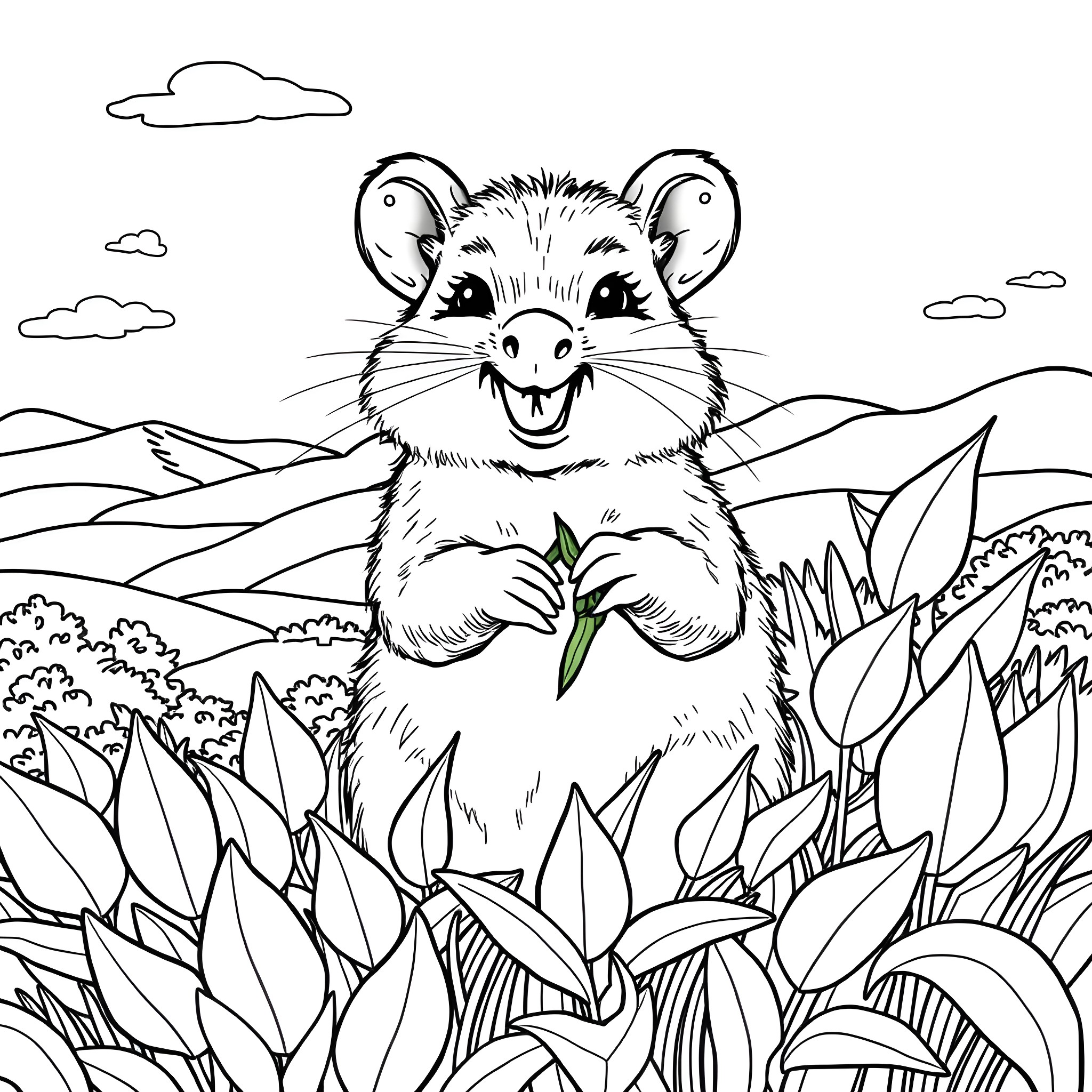 Quokka surrounded by lush foliage Coloring Page (free black-and-white line drawing printable PDF for all, from beginners to advanced learners, including children, teens, adults, and seniors)