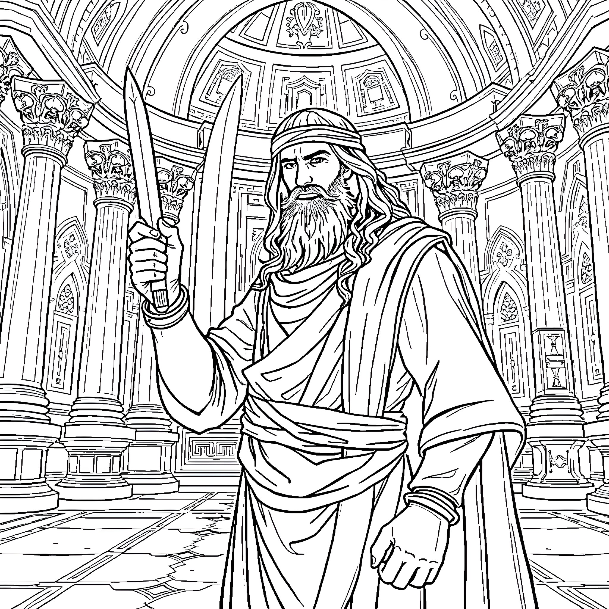 Ehud, the Warrior in a Majestic Temple Coloring Page (free black-and-white line drawing printable PDF for all, from beginners to advanced learners, including children, teens, adults, and seniors)