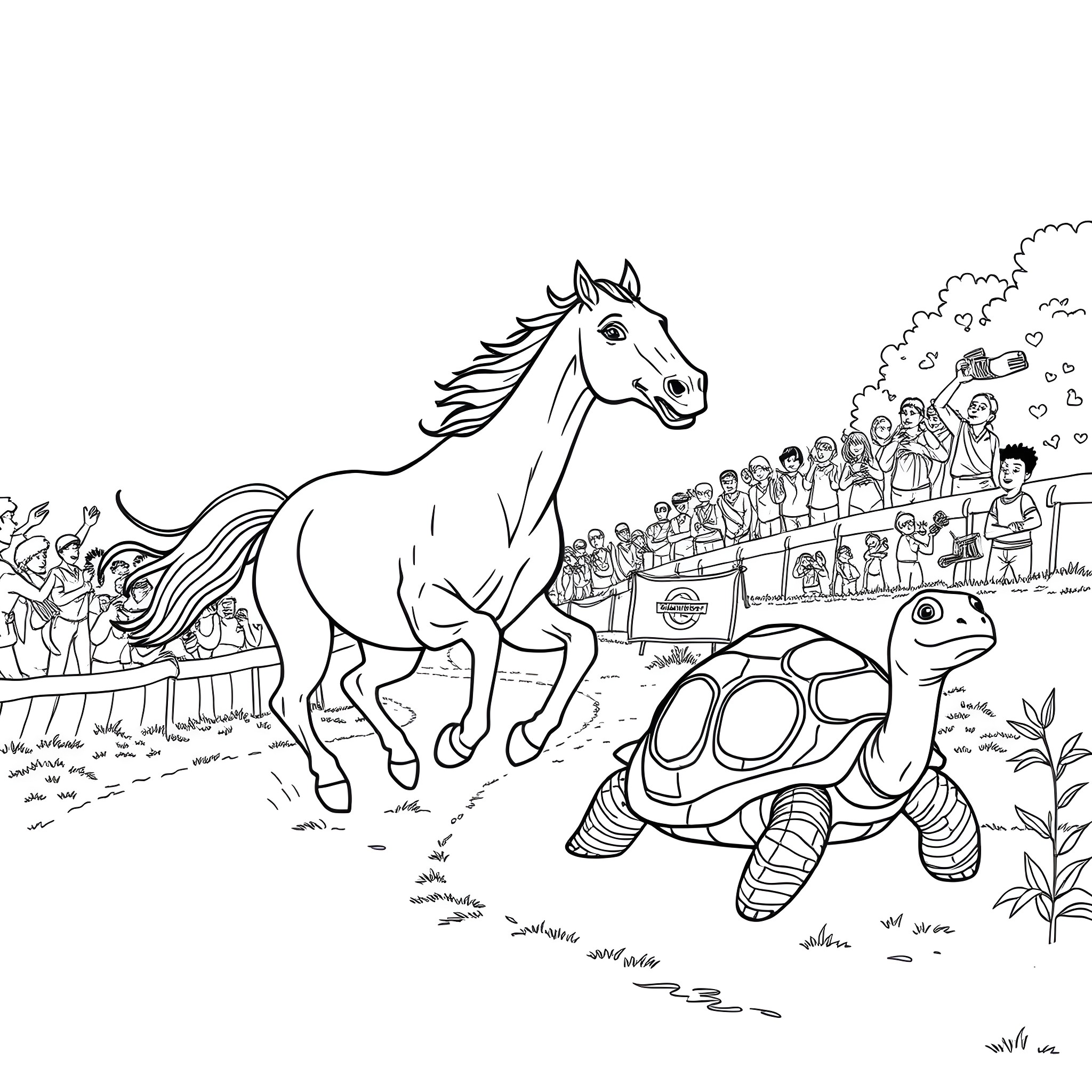 Horse galloping alongside turtle in carnival parade Coloring Page (free black-and-white line drawing printable PDF for all, from beginners to advanced learners, including children, teens, adults, and seniors)