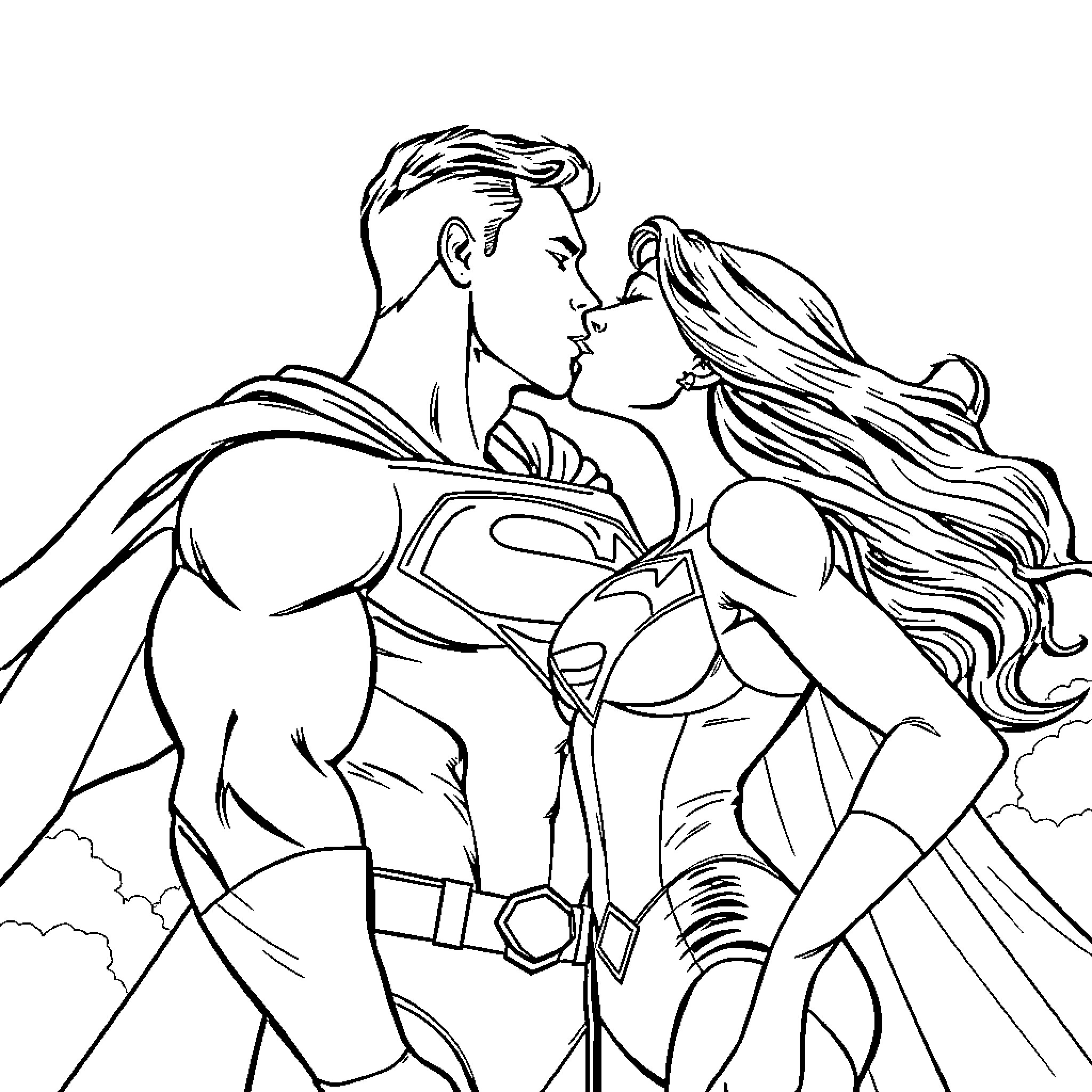 Superman embracing his love interest in a passionate embrace Coloring Page (free black-and-white line drawing printable PDF for all, from beginners to advanced learners, including children, teens, adults, and seniors)