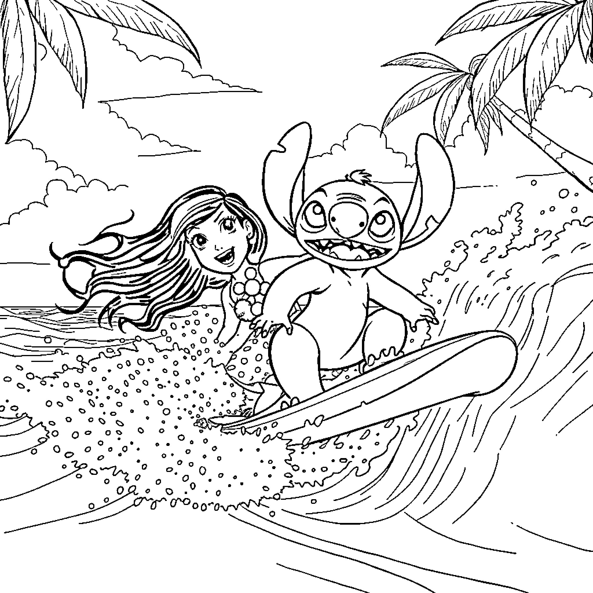 Lilo And Stitch Surfing the Waves with Palm Trees Coloring Page (free black-and-white line drawing printable PDF for all, from beginners to advanced learners, including children, teens, adults, and seniors)
