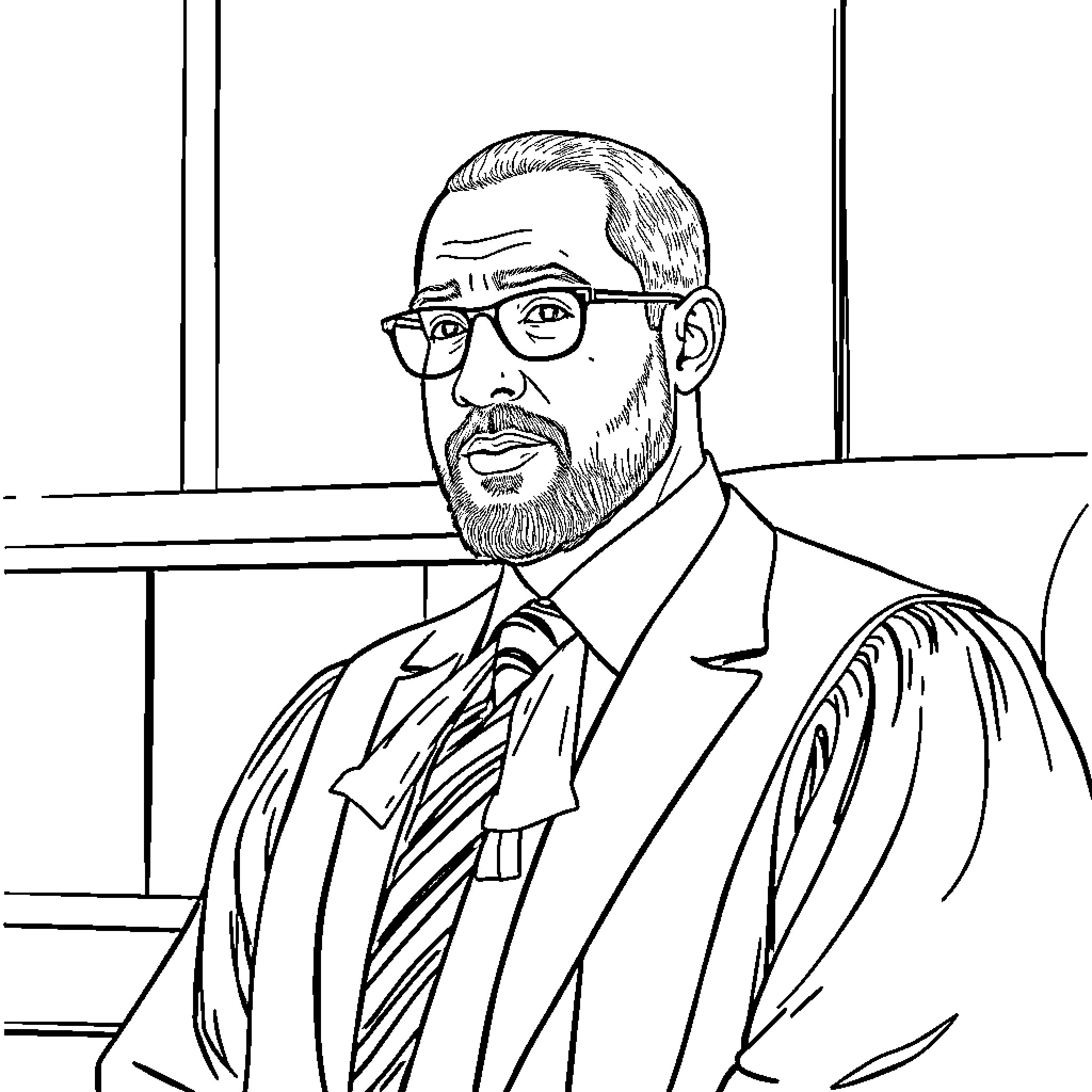 Judge Presiding in Courtroom Setting Coloring Page (free black-and-white line drawing printable PDF for all, from beginners to advanced learners, including children, teens, adults, and seniors)
