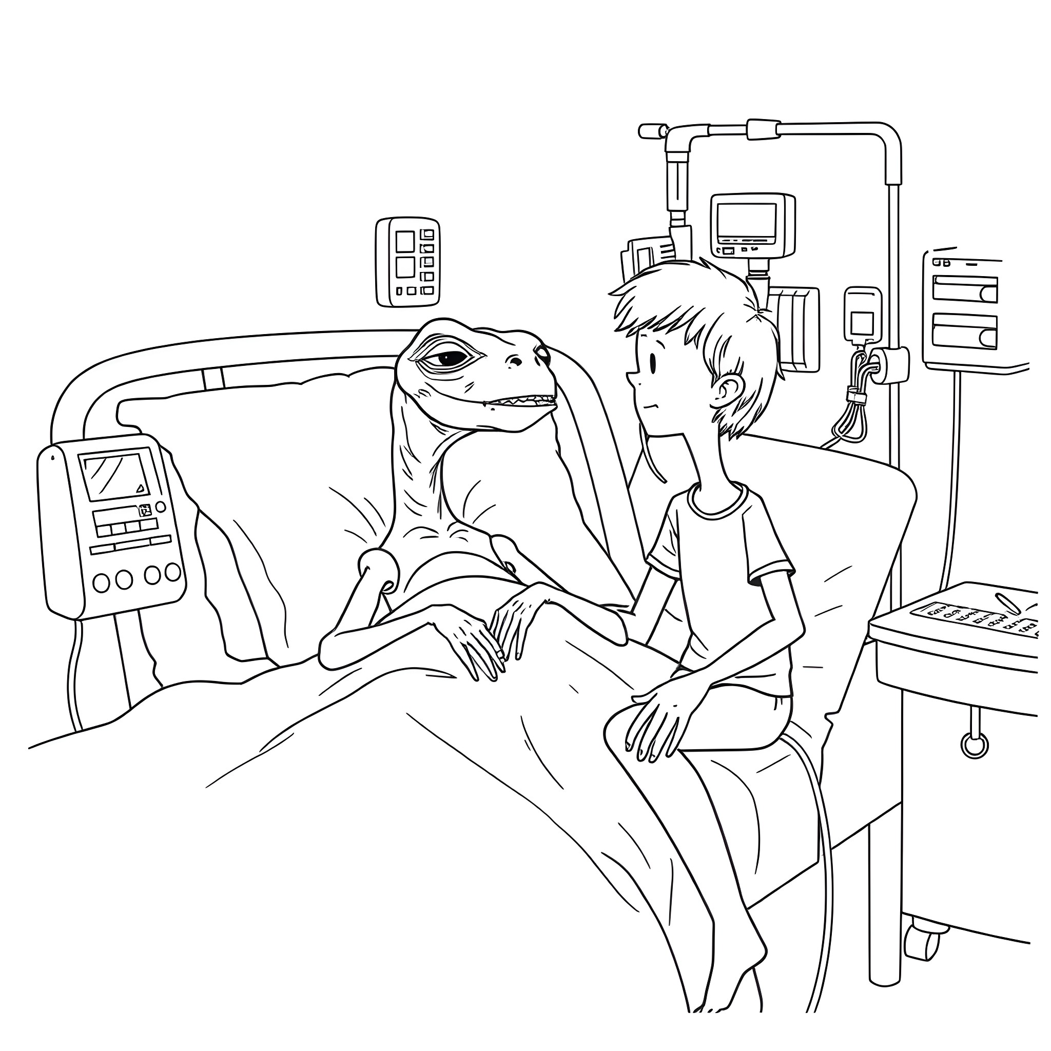 ET visiting hospital patient with medical equipment Coloring Page (free black-and-white line drawing printable PDF for all, from beginners to advanced learners, including children, teens, adults, and seniors)