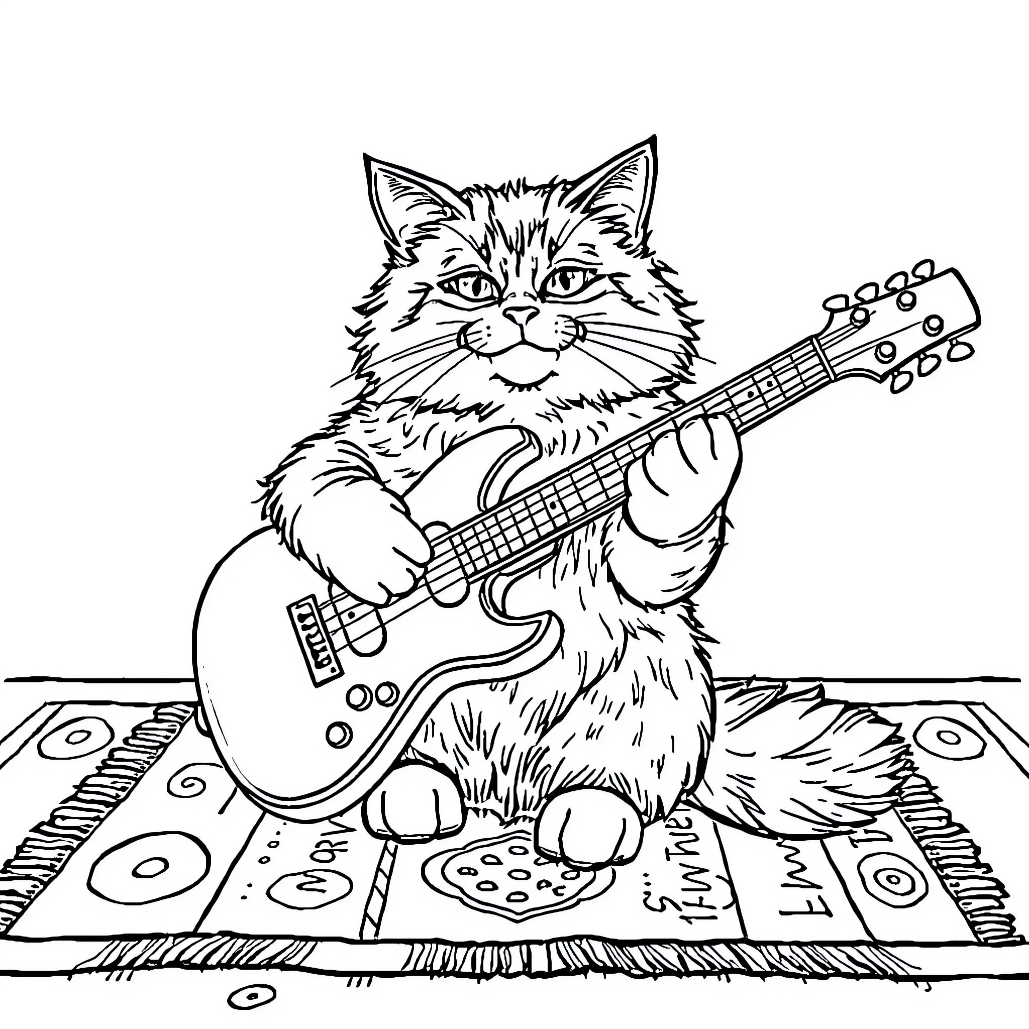Cat playing guitar on music stage Coloring Page (free black-and-white line drawing printable PDF for all, from beginners to advanced learners, including children, teens, adults, and seniors)