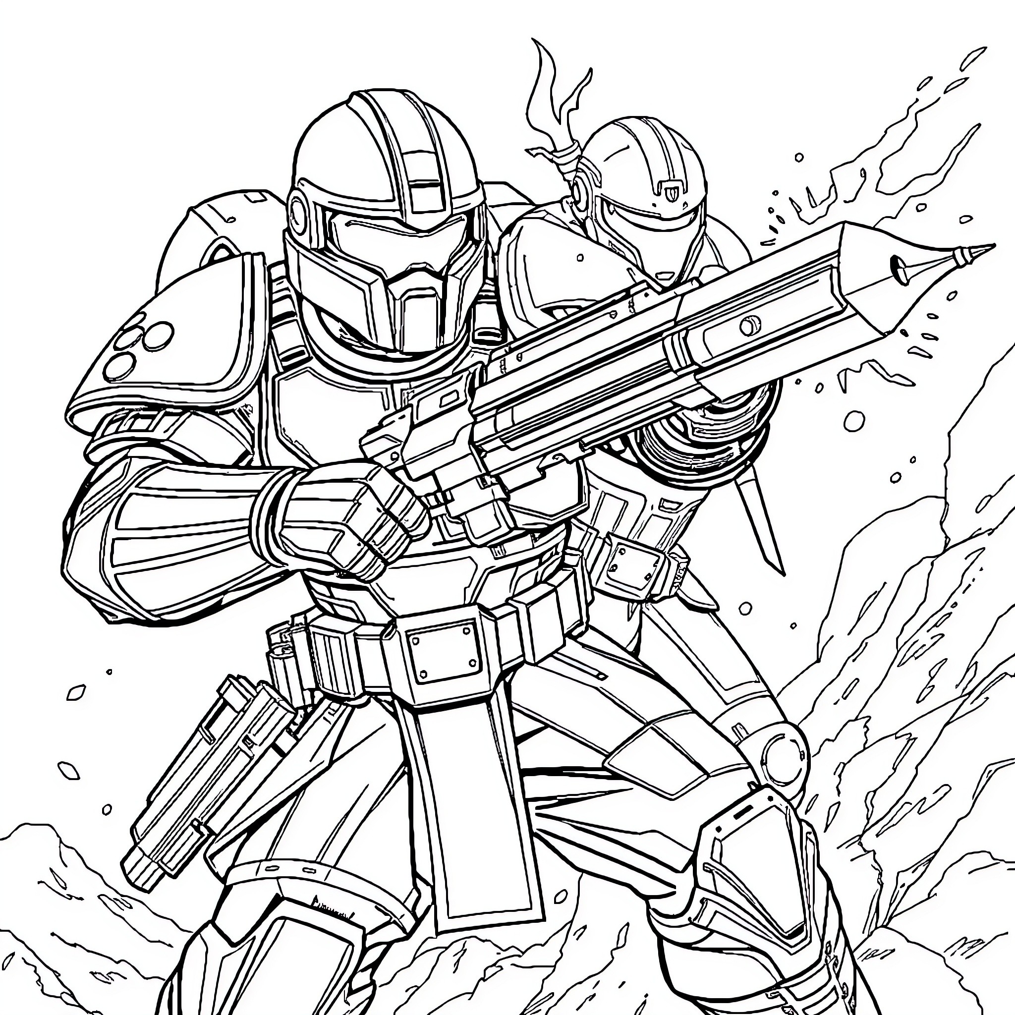 Master Chief in Heroic Battle Pose Coloring Page (free black-and-white line drawing printable PDF for all, from beginners to advanced learners, including children, teens, adults, and seniors)