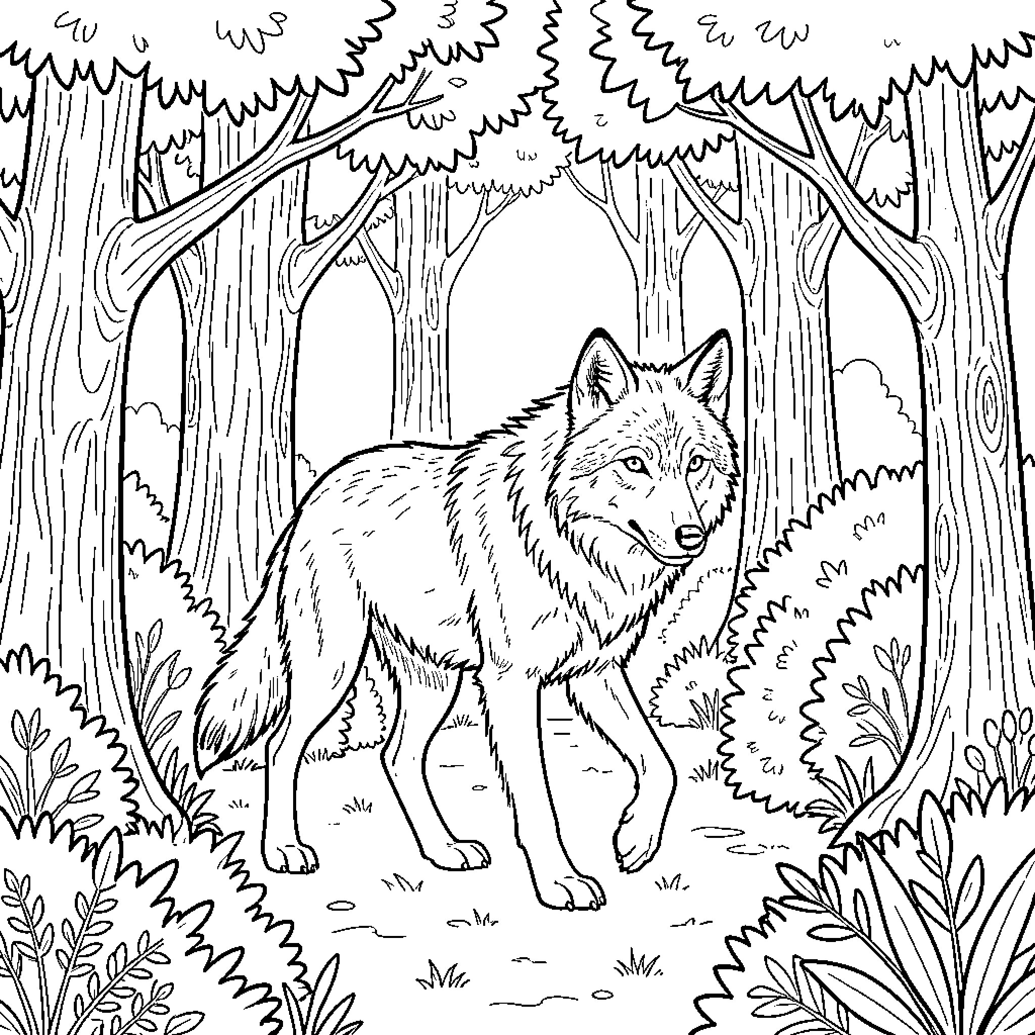 Wolf walking calmly through a dense forest Coloring Page (free black-and-white line drawing printable PDF for all, from beginners to advanced learners, including children, teens, adults, and seniors)
