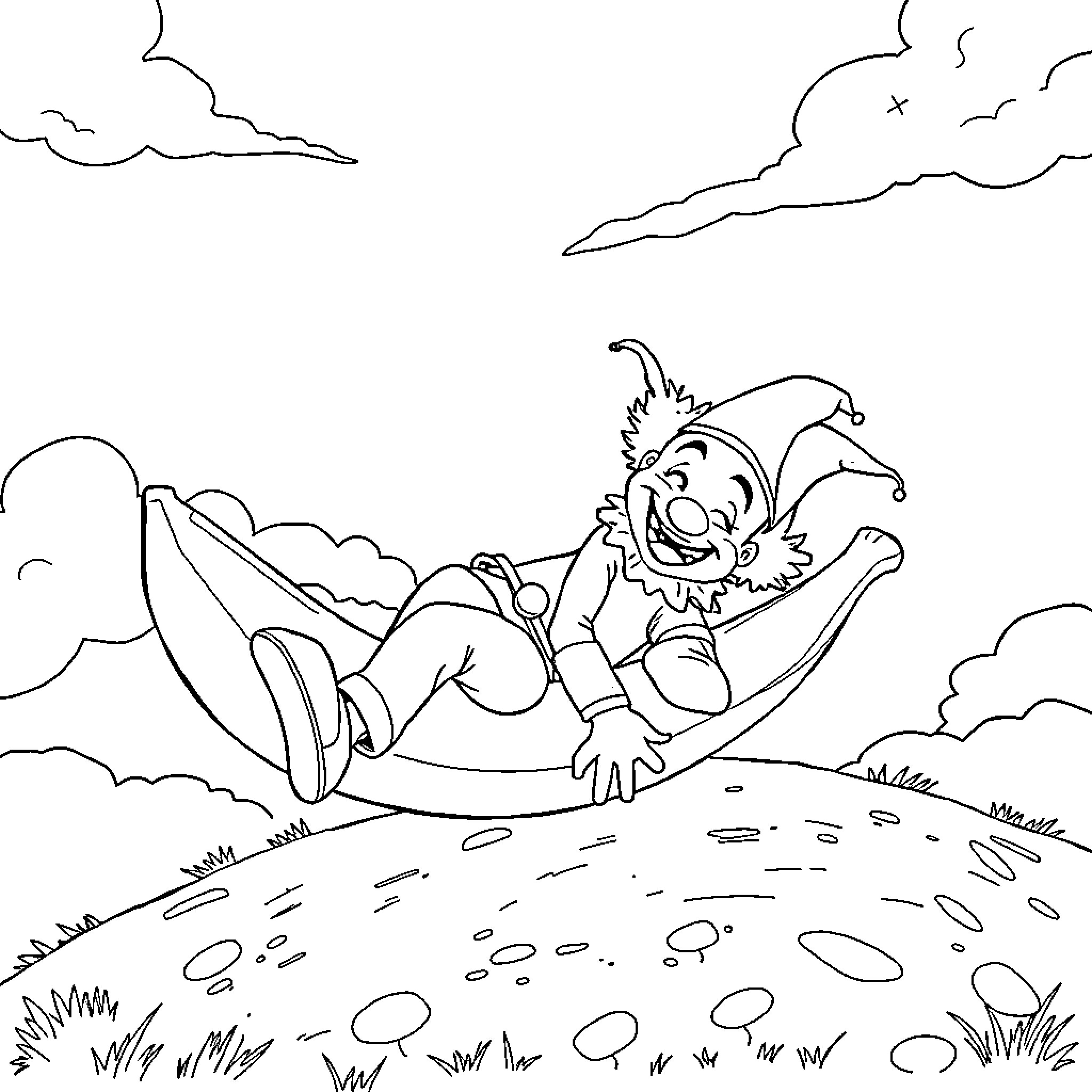 Clown enjoying a relaxing day outdoors Coloring Page (free black-and-white line drawing printable PDF for all, from beginners to advanced learners, including children, teens, adults, and seniors)