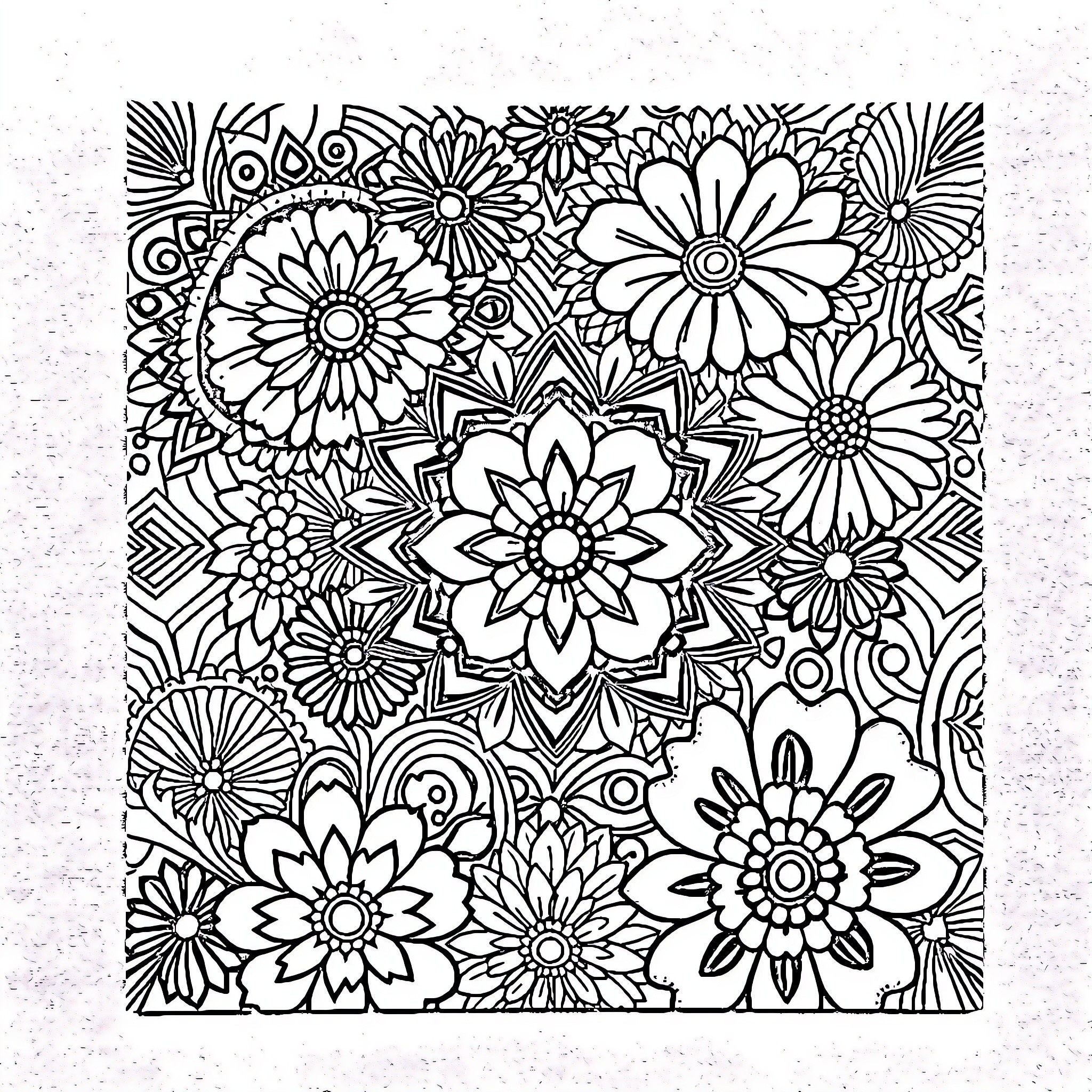 Pattern of Intricate Floral Designs Coloring Page (free black-and-white line drawing printable PDF for all, from beginners to advanced learners, including children, teens, adults, and seniors)