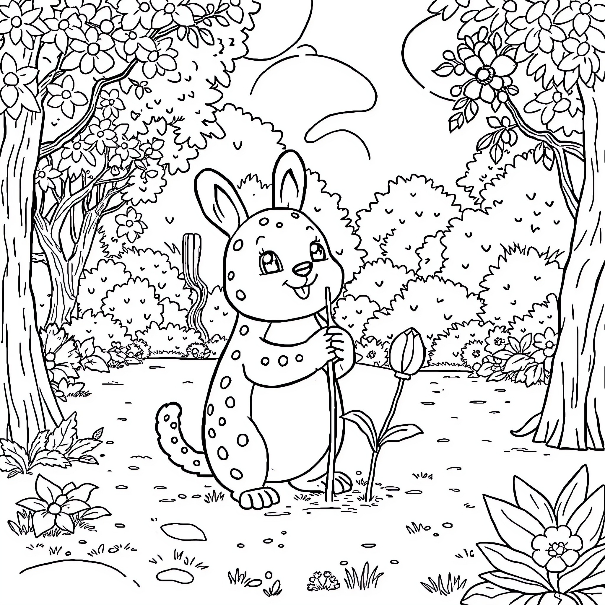 Rondoudou's playful adventure in the enchanting forest Coloring Page (free black-and-white line drawing printable PDF for all, from beginners to advanced learners, including children, teens, adults, and seniors)