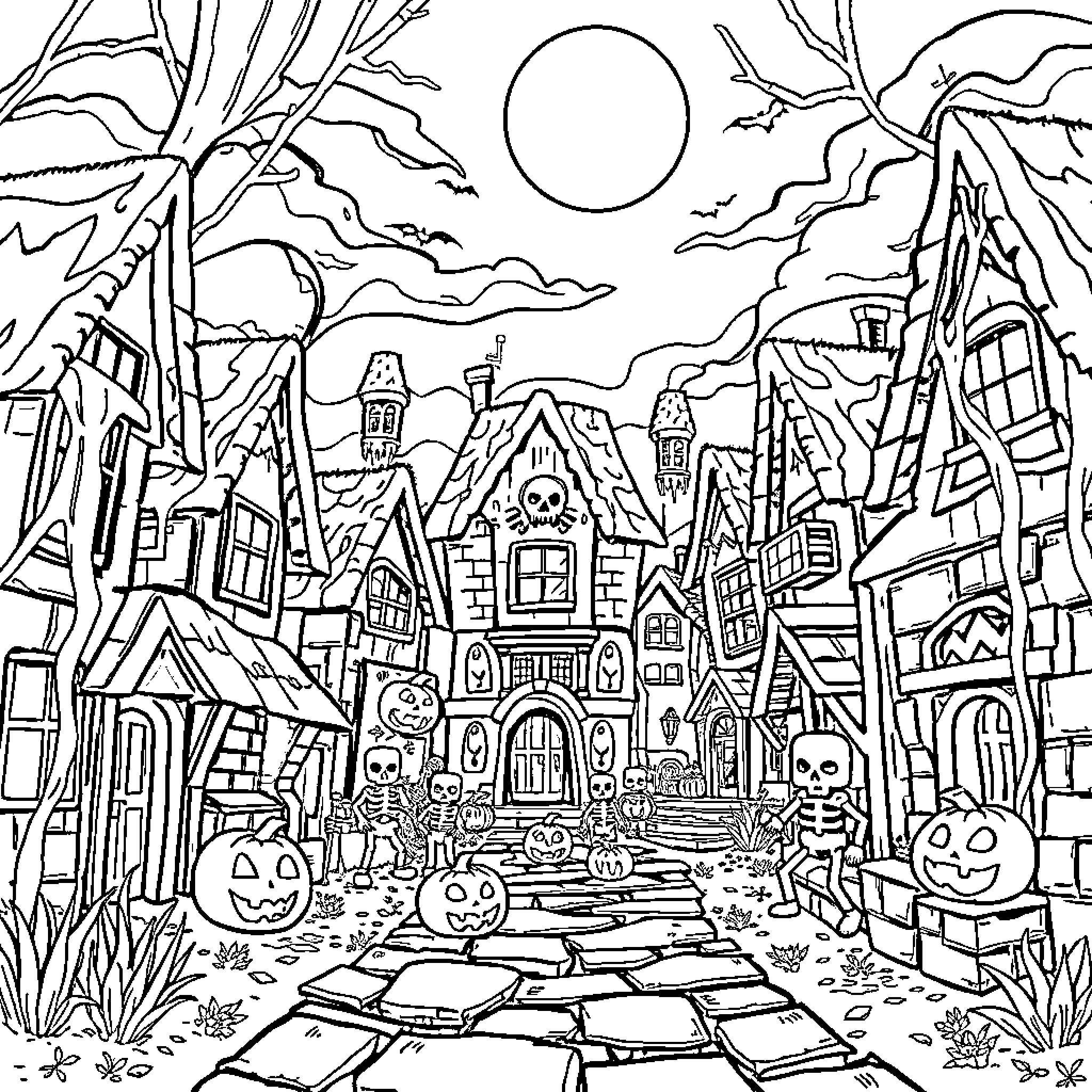 Minecraft Haunted Town at Night Coloring Page (free black-and-white line drawing printable PDF for all, from beginners to advanced learners, including children, teens, adults, and seniors)