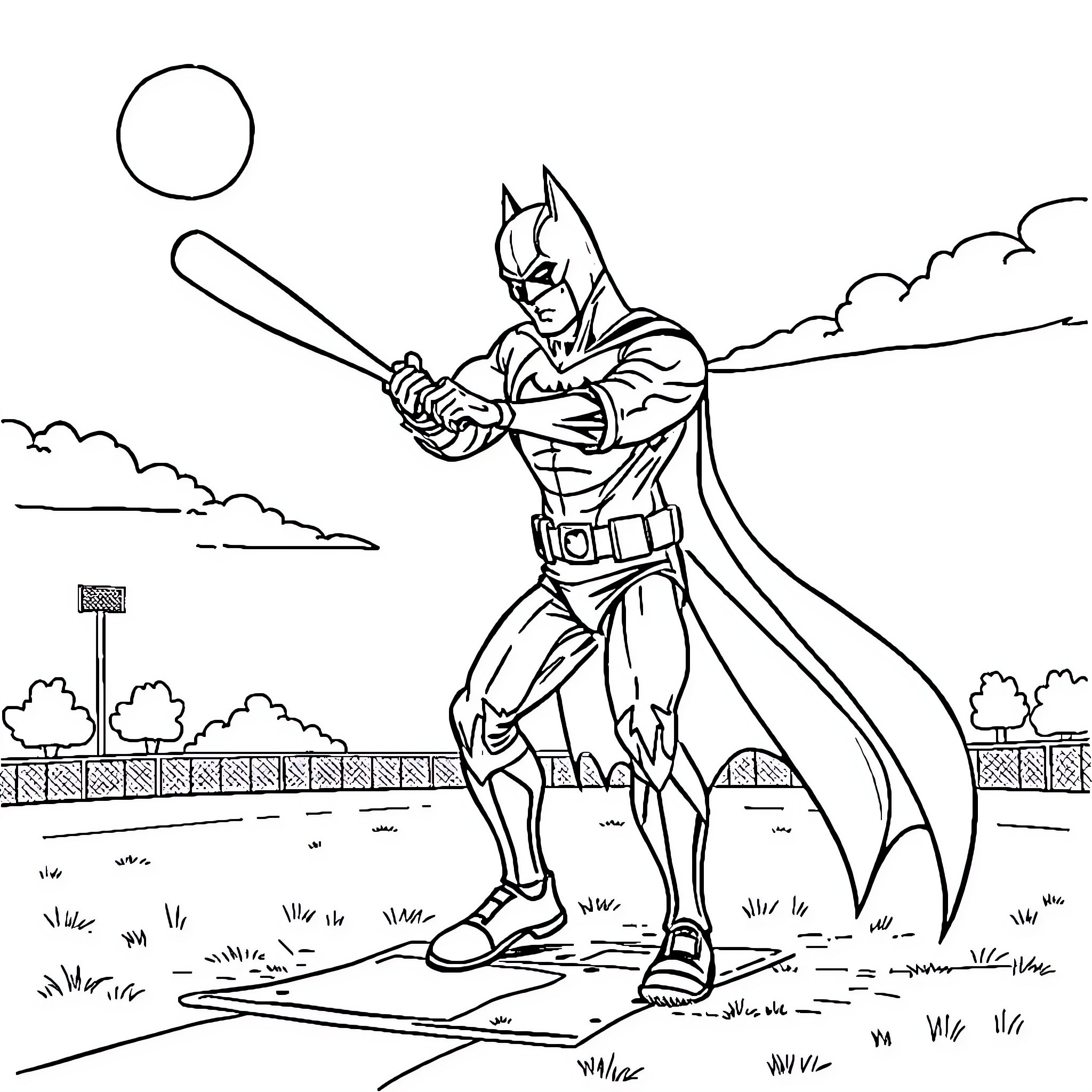 Batman preparing for action in the city Coloring Page (free black-and-white line drawing printable PDF for all, from beginners to advanced learners, including children, teens, adults, and seniors)