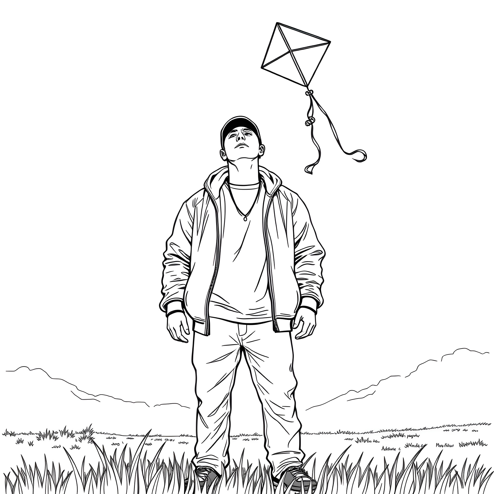 Eminem flying a kite in a grassy field Coloring Page (free black-and-white line drawing printable PDF for all, from beginners to advanced learners, including children, teens, adults, and seniors)