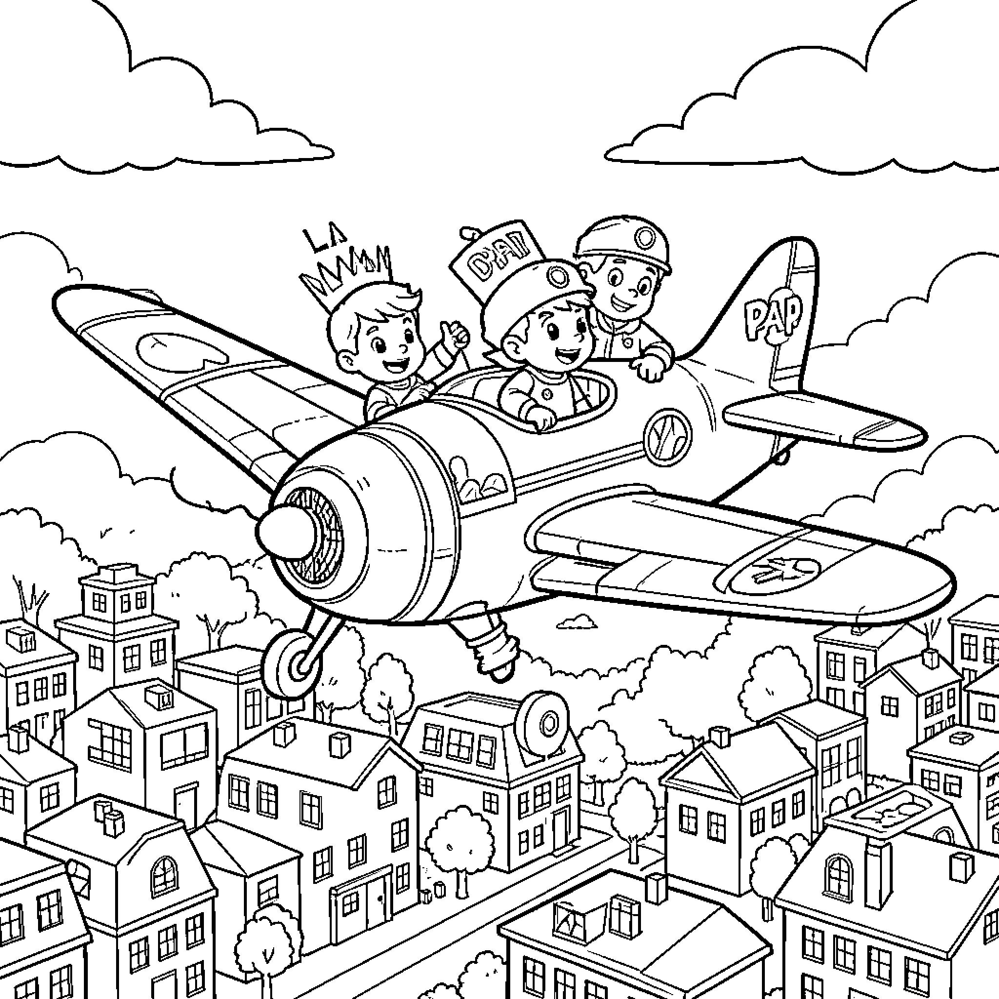 Patrouille of Cheerful Pilots in Flight Coloring Page (free black-and-white line drawing printable PDF for all, from beginners to advanced learners, including children, teens, adults, and seniors)