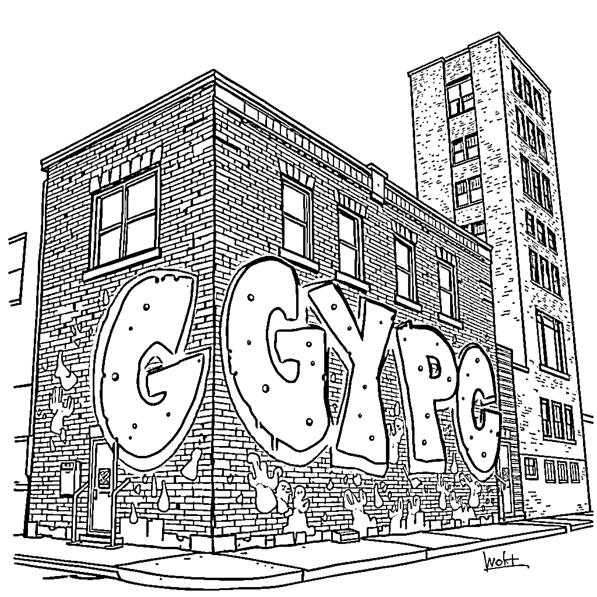 Graffiti on Brick Building with Tower Coloring Page (free black-and-white line drawing printable PDF for all, from beginners to advanced learners, including children, teens, adults, and seniors)