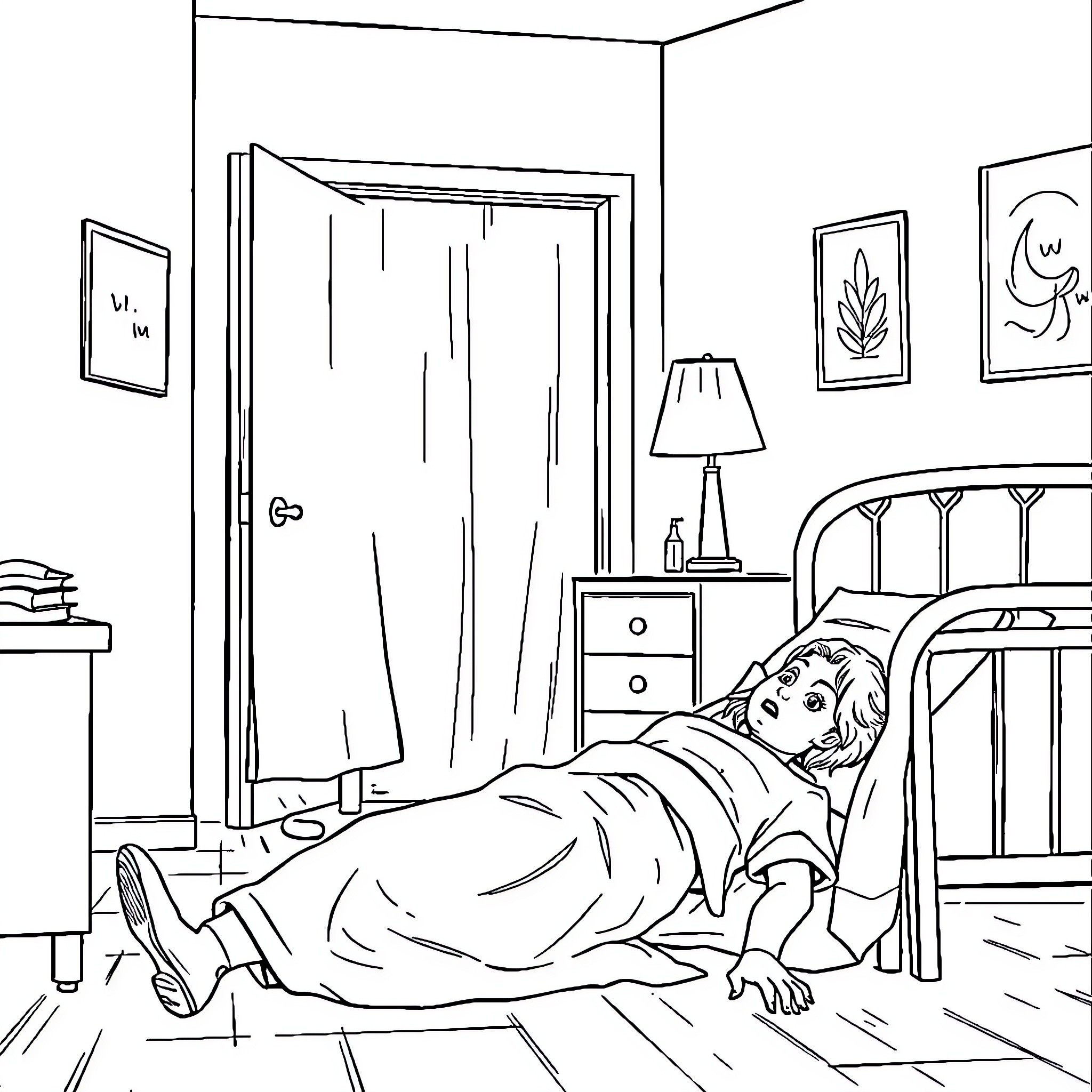 Nurse assisting patient in bedroom Coloring Page (free black-and-white line drawing printable PDF for all, from beginners to advanced learners, including children, teens, adults, and seniors)