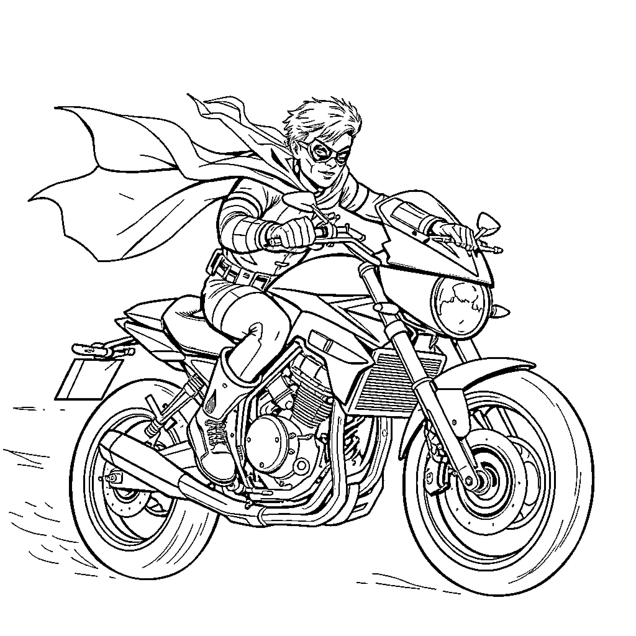 Robin riding a powerful motorcycle on the open road Coloring Page (free black-and-white line drawing printable PDF for all, from beginners to advanced learners, including children, teens, adults, and seniors)