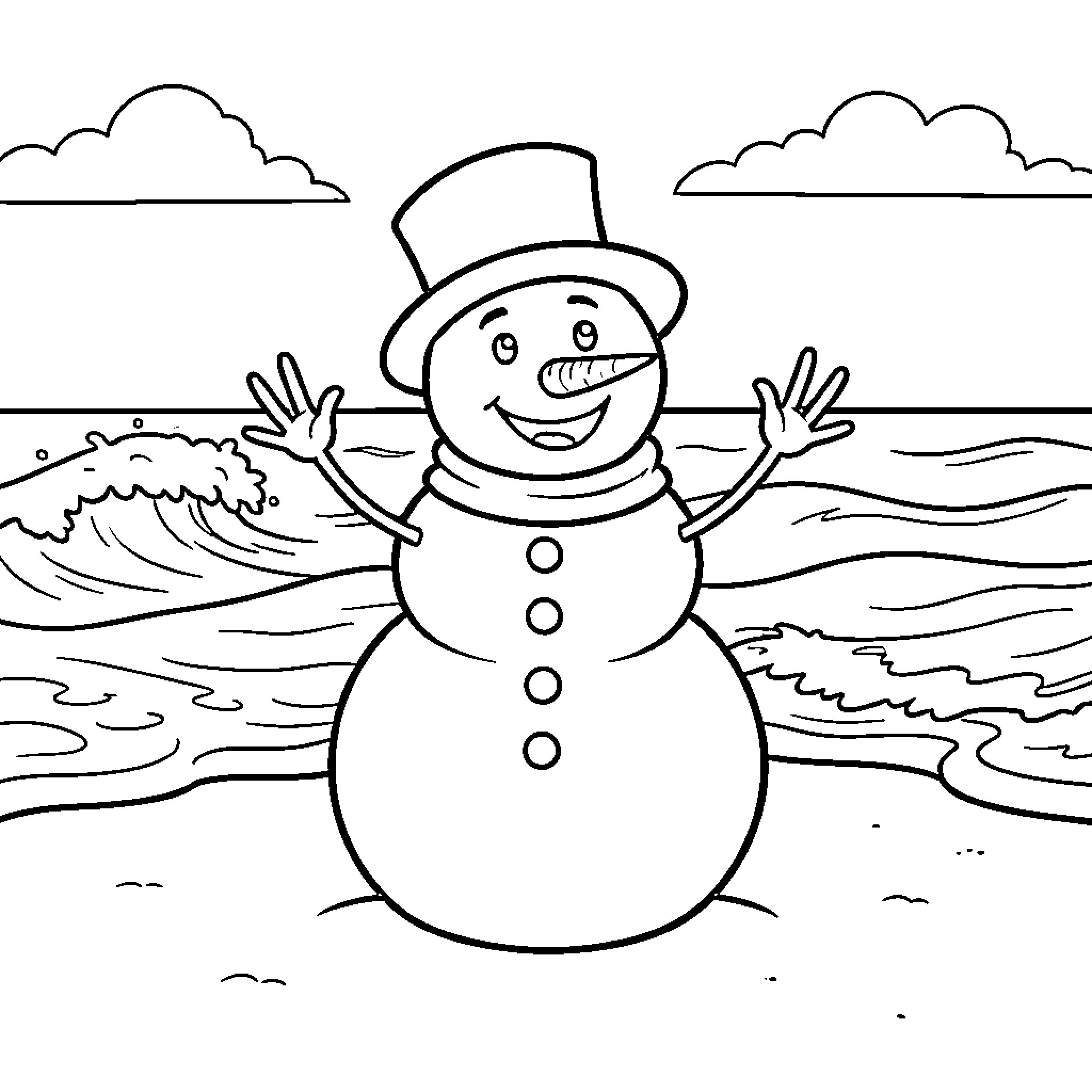 Snowman enjoying the winter scenery Coloring Page (free black-and-white line drawing printable PDF for all, from beginners to advanced learners, including children, teens, adults, and seniors)