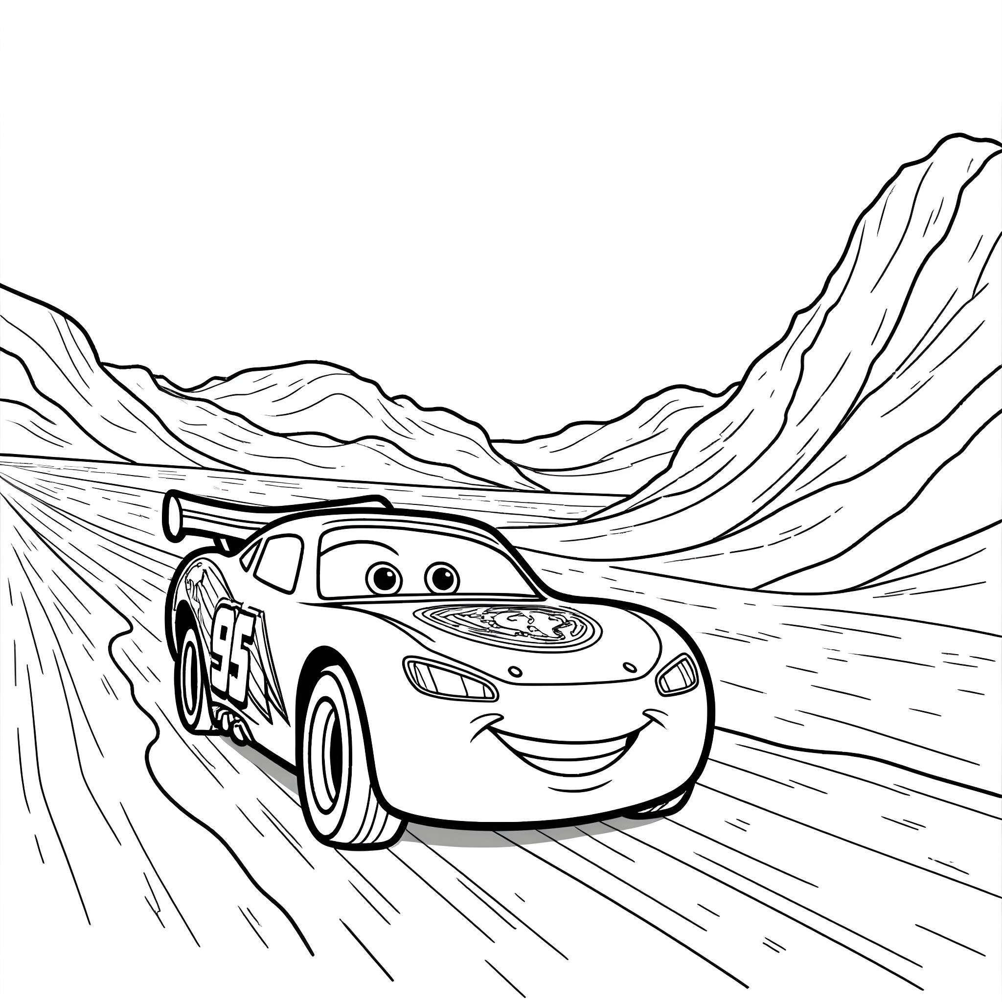 Lightning McQueen racing on winding mountain road Coloring Page (free black-and-white line drawing printable PDF for all, from beginners to advanced learners, including children, teens, adults, and seniors)