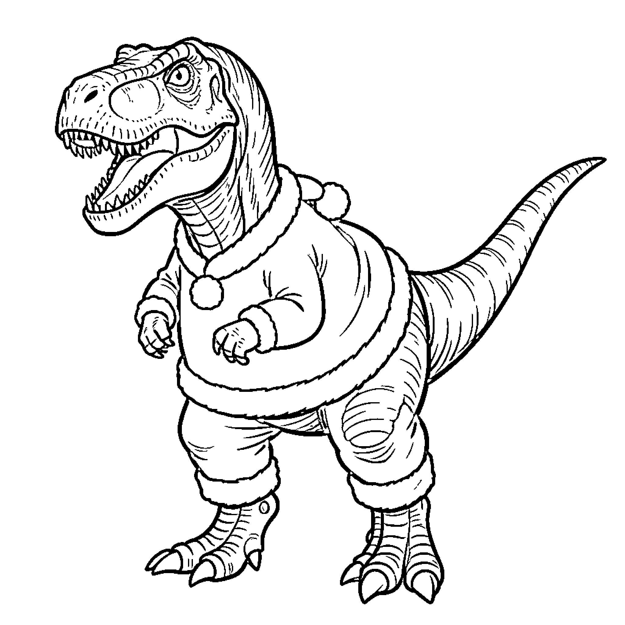 T-Rex wearing festive holiday pajamas Coloring Page (free black-and-white line drawing printable PDF for all, from beginners to advanced learners, including children, teens, adults, and seniors)