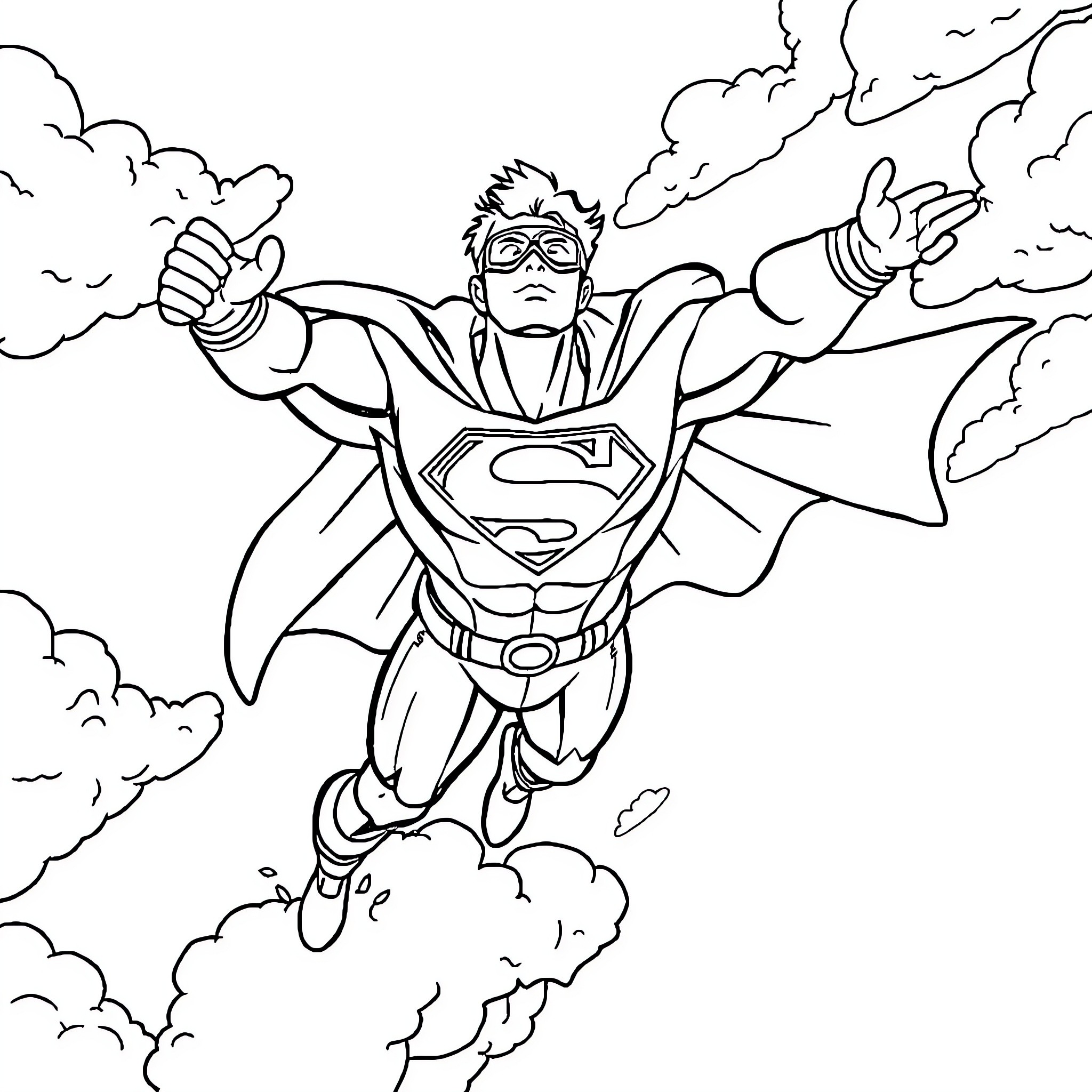 Superman soaring through the clouds with heroic pose Coloring Page (free black-and-white line drawing printable PDF for all, from beginners to advanced learners, including children, teens, adults, and seniors)