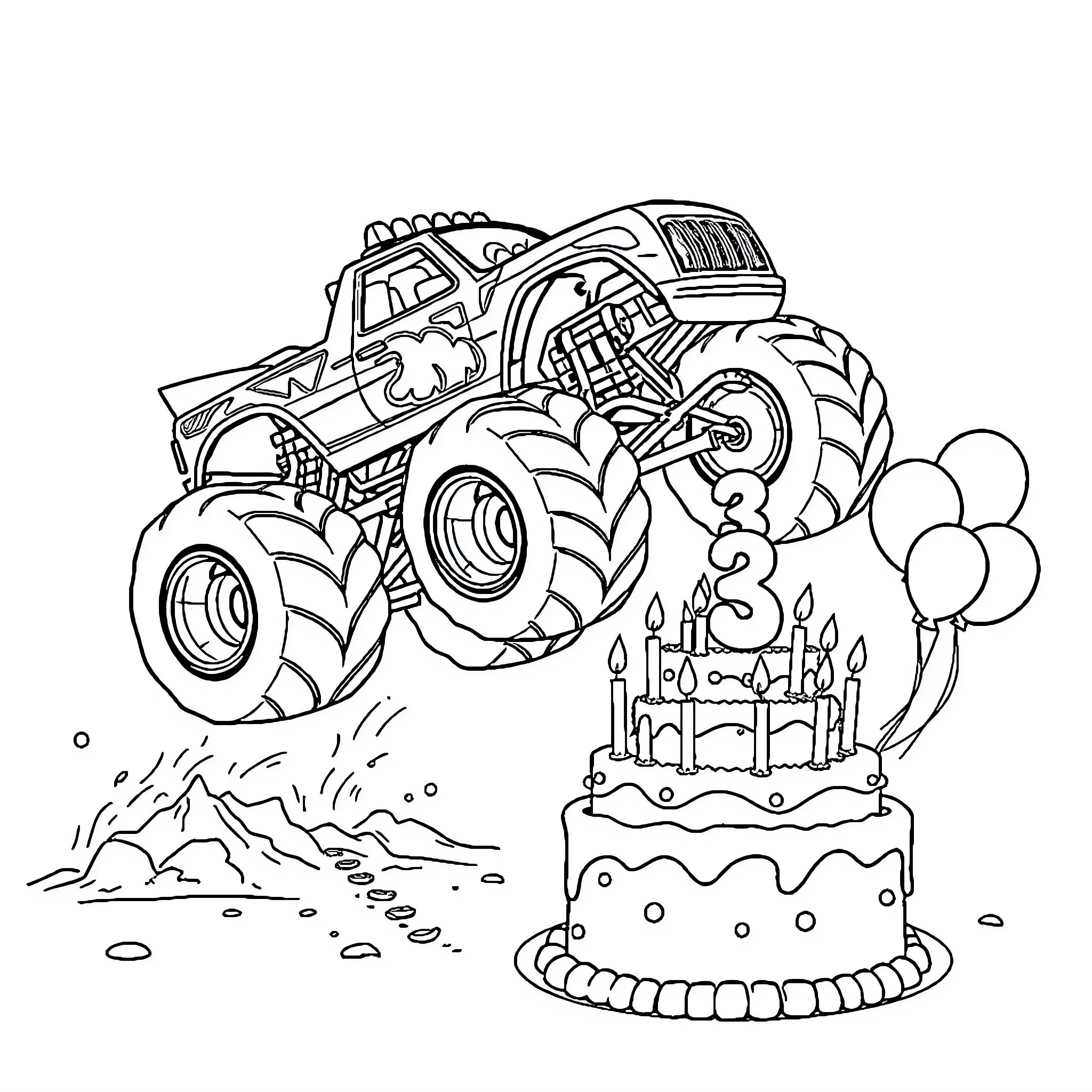 Monster Truck Jumping Over Birthday Cake Coloring Page (free black-and-white line drawing printable PDF for all, from beginners to advanced learners, including children, teens, adults, and seniors)
