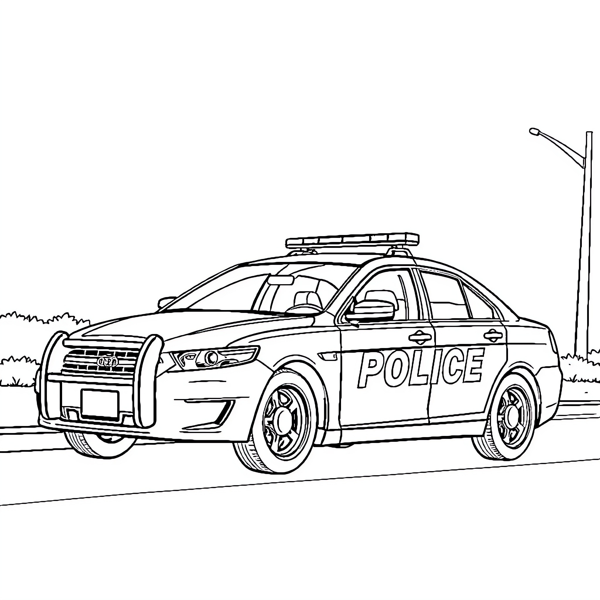 Police Car on Patrol in City Street Coloring Page (free black-and-white line drawing printable PDF for all, from beginners to advanced learners, including children, teens, adults, and seniors)